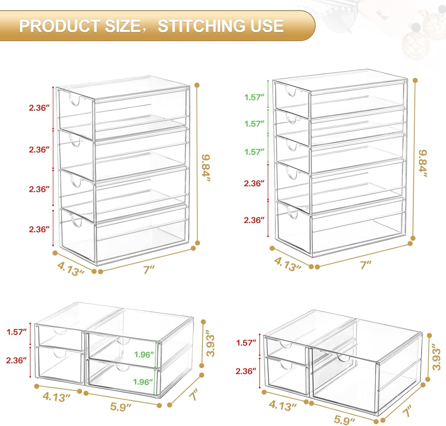Acrylic Desk Organizer 4 Pack 16 Drawer Clear Makeup Storage Bins
