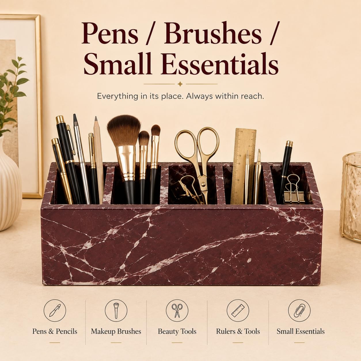 SIRIZEN-DIVING Purple Red Marble 5-Compartment Desk Organizer