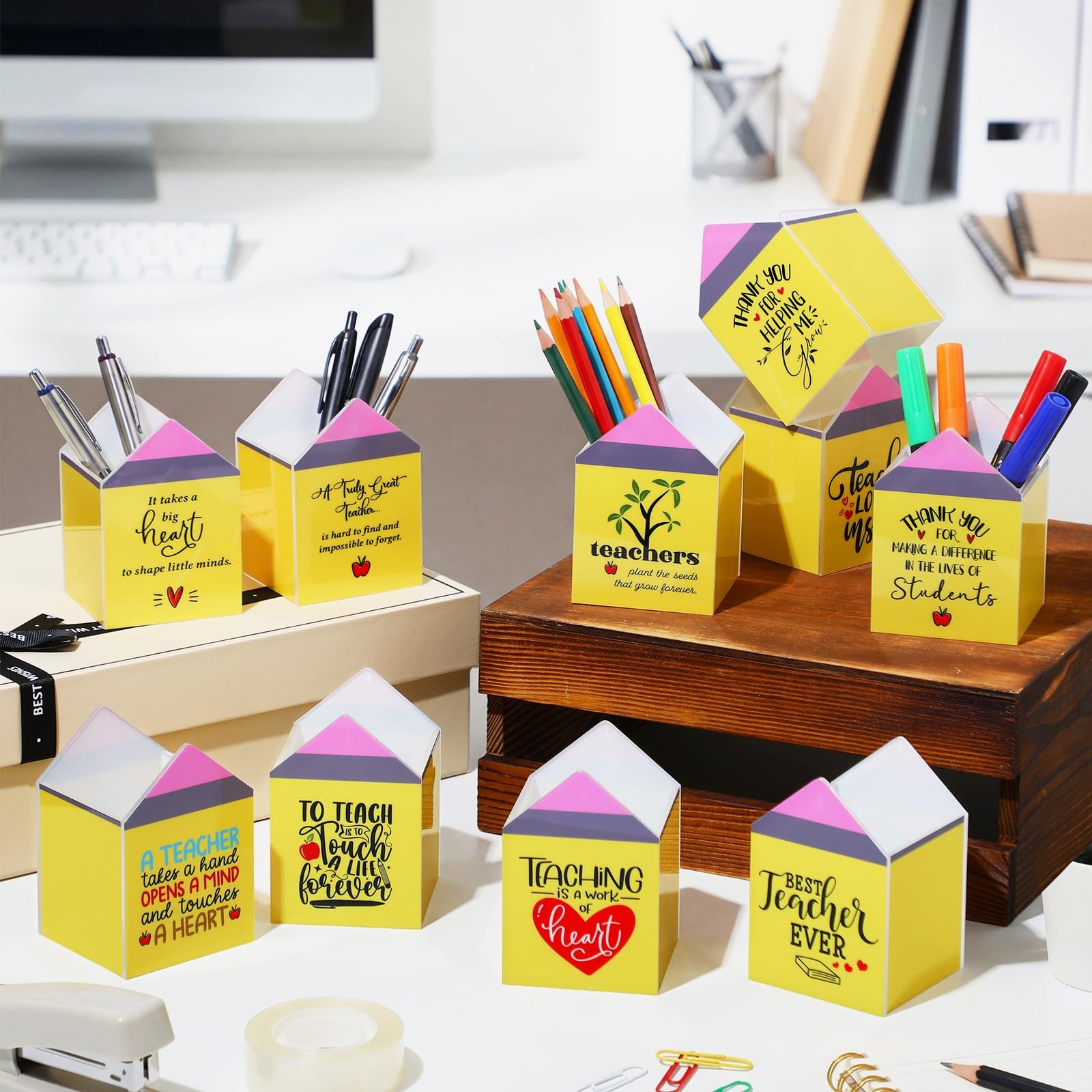 10 Pcs Back to Teacher Gifts Inspirational Acrylic Pen Holders, Pencil Shaped…