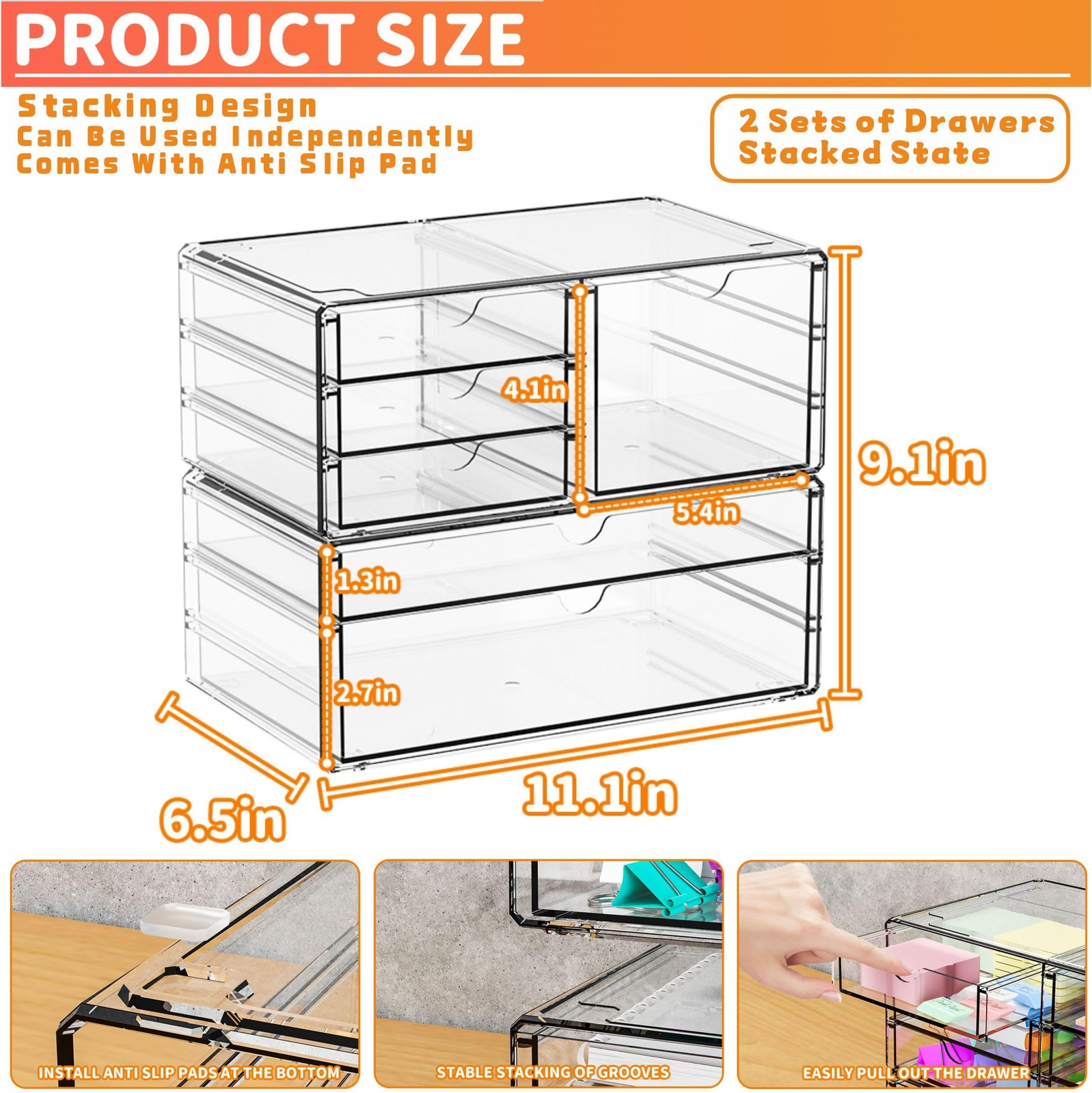 Yieach 2 Pack Acrylic Drawer Organizer With 6 large 6 Drawers, Clear