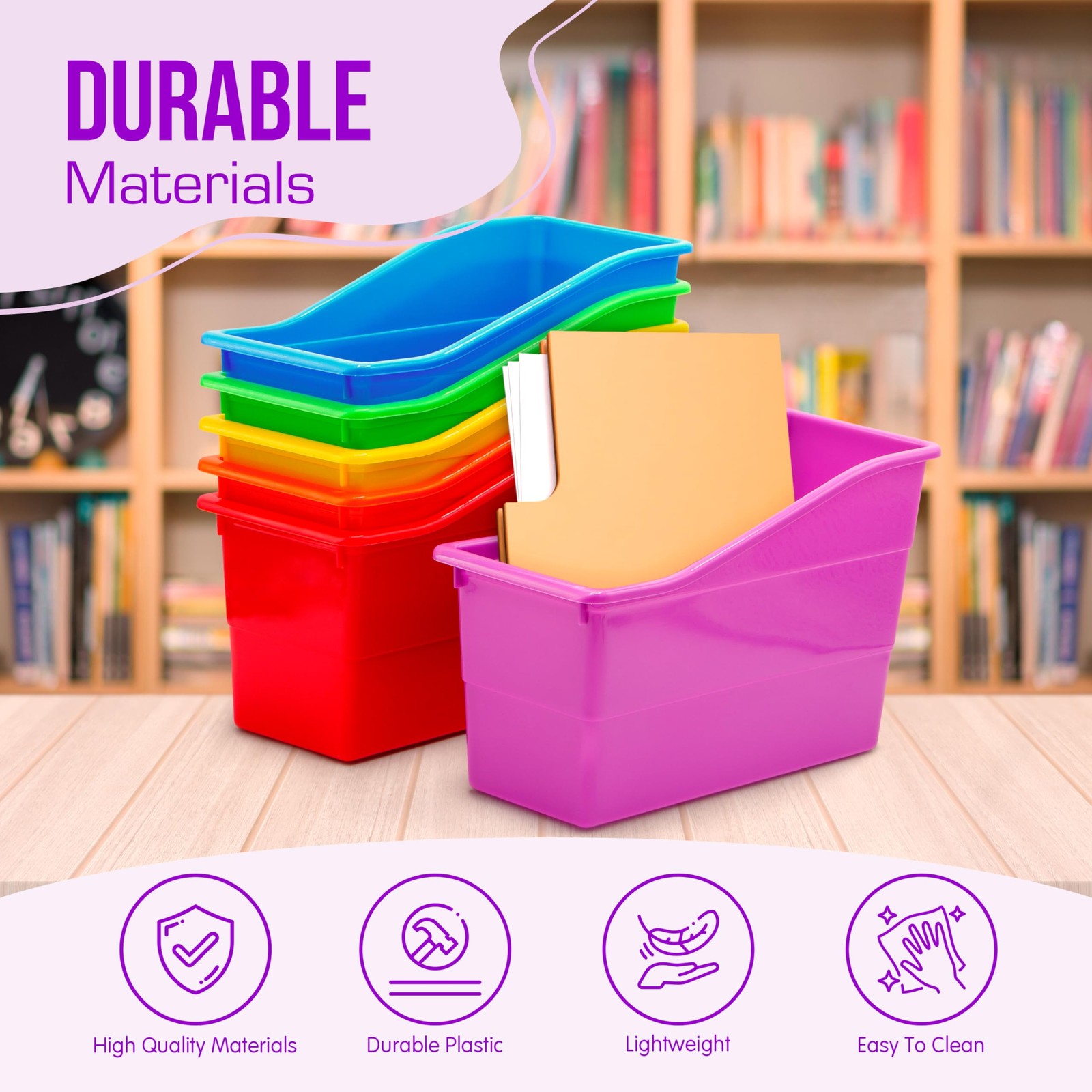 6 Durable Book and Binder Holder, Files Book Bins for Classroom, Plastic Vert…