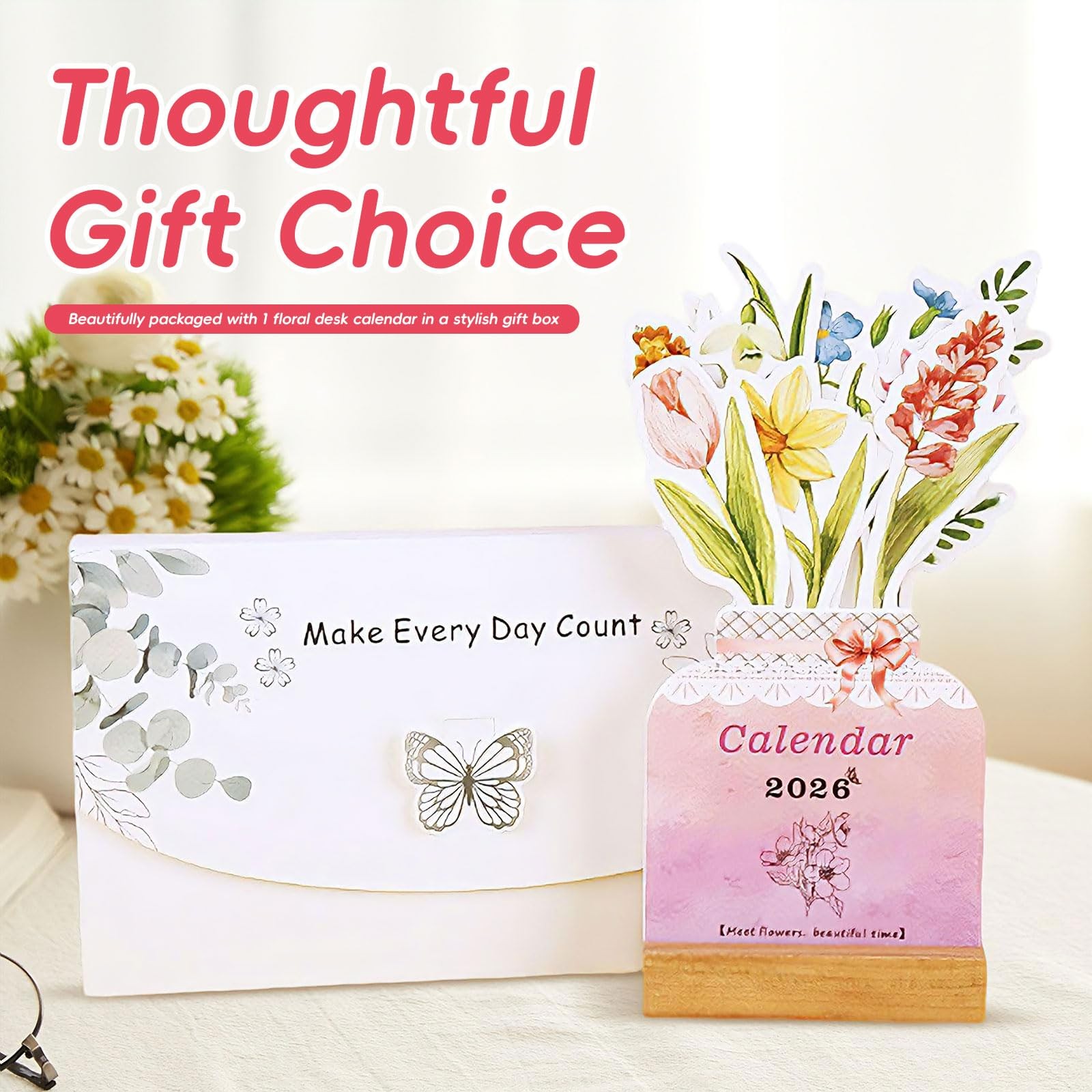 Bloomy Flowers 3D Floral Desk Calendar 2026, Pop Up 3.9″W x 8.5″H, white