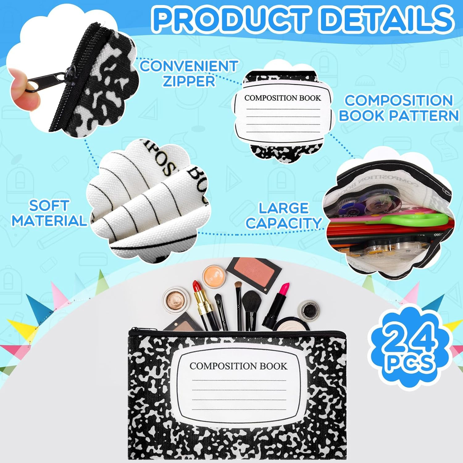 24 Pcs Composition Book Pencil Pouches Canvas Zipper Pencil Case Pen Bags Bulk W