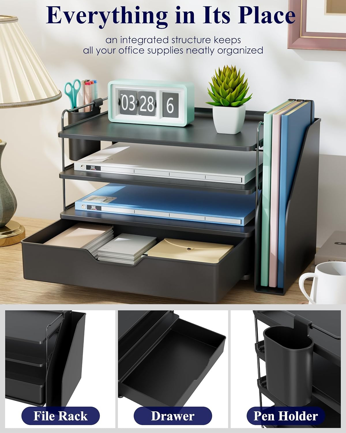 4 Tier Desk Organizer with Drawer & Pen Holder 13.3″ x 8″ x 10.8″ Black