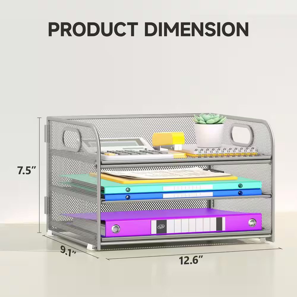 7.5 In. X 12.6 In. 3 Tier Paper Organizer with Handle, Metal Mesh Desk Organizer