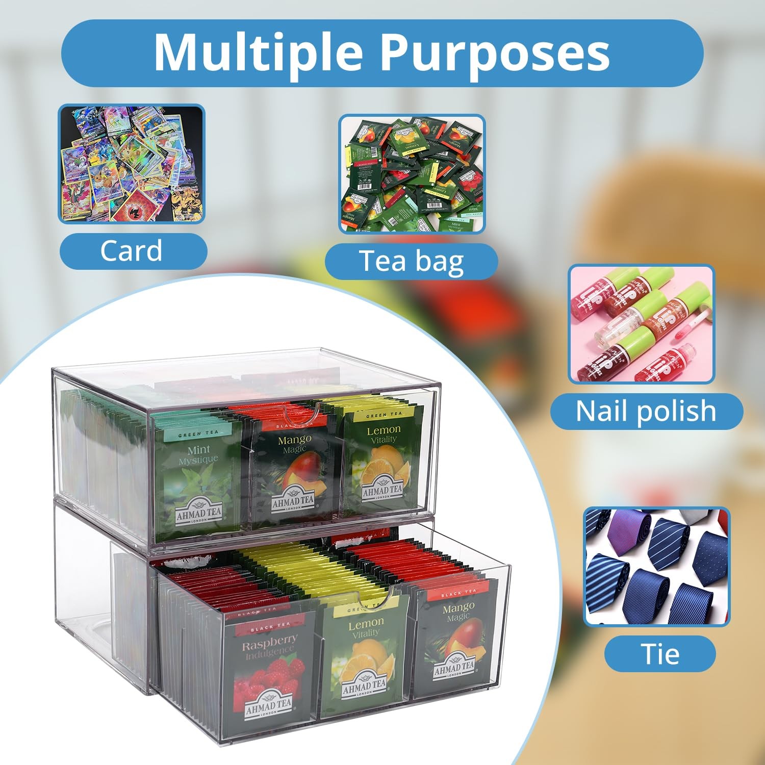 CLUQMEIK 2 Large Acrylic Tea Bag Organizer, 9 Grids 9.05*6.5*7.88″, 9+9 grids
