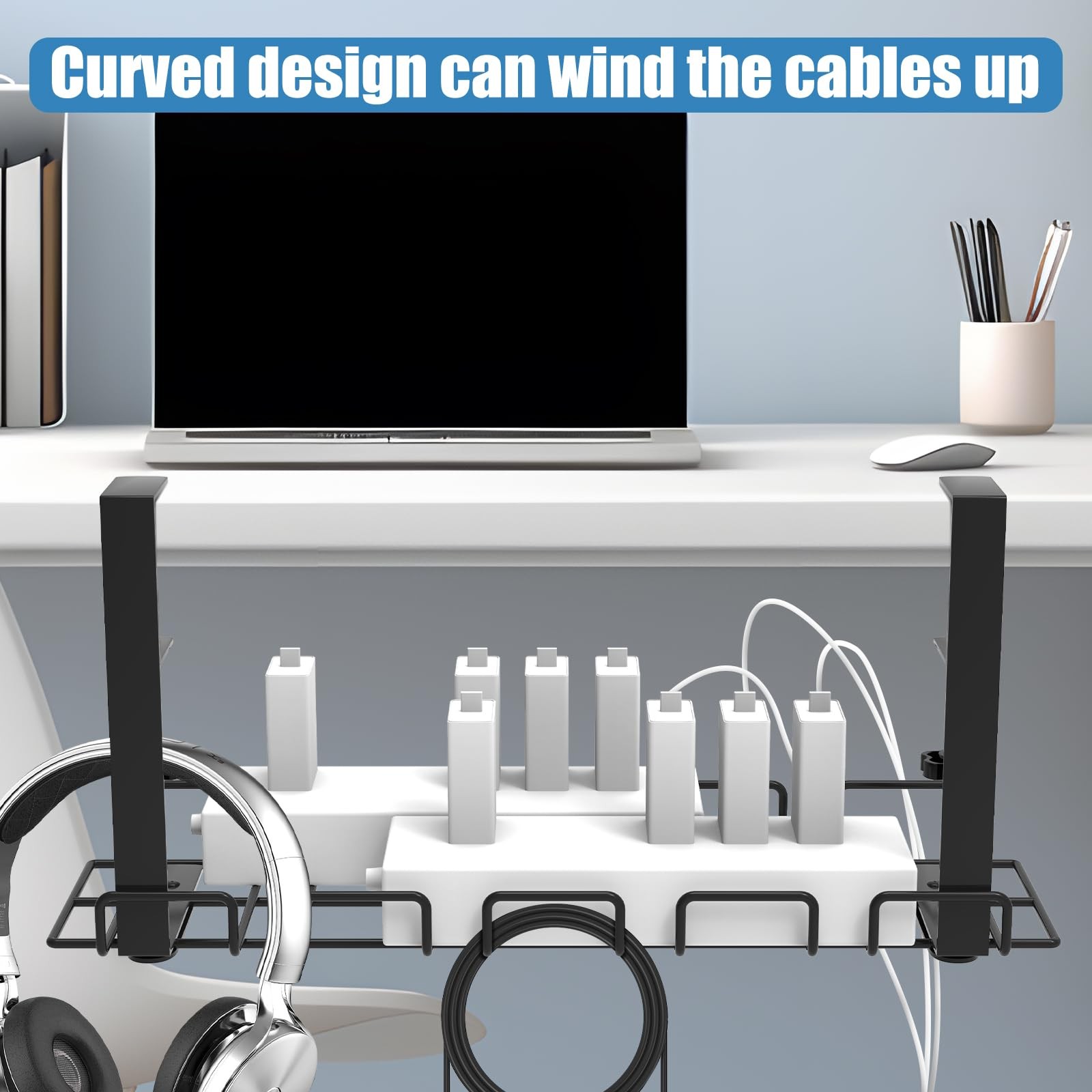 Under Desk Cable Management Tray, No Drill Steel Cord 51-Piece, Black
