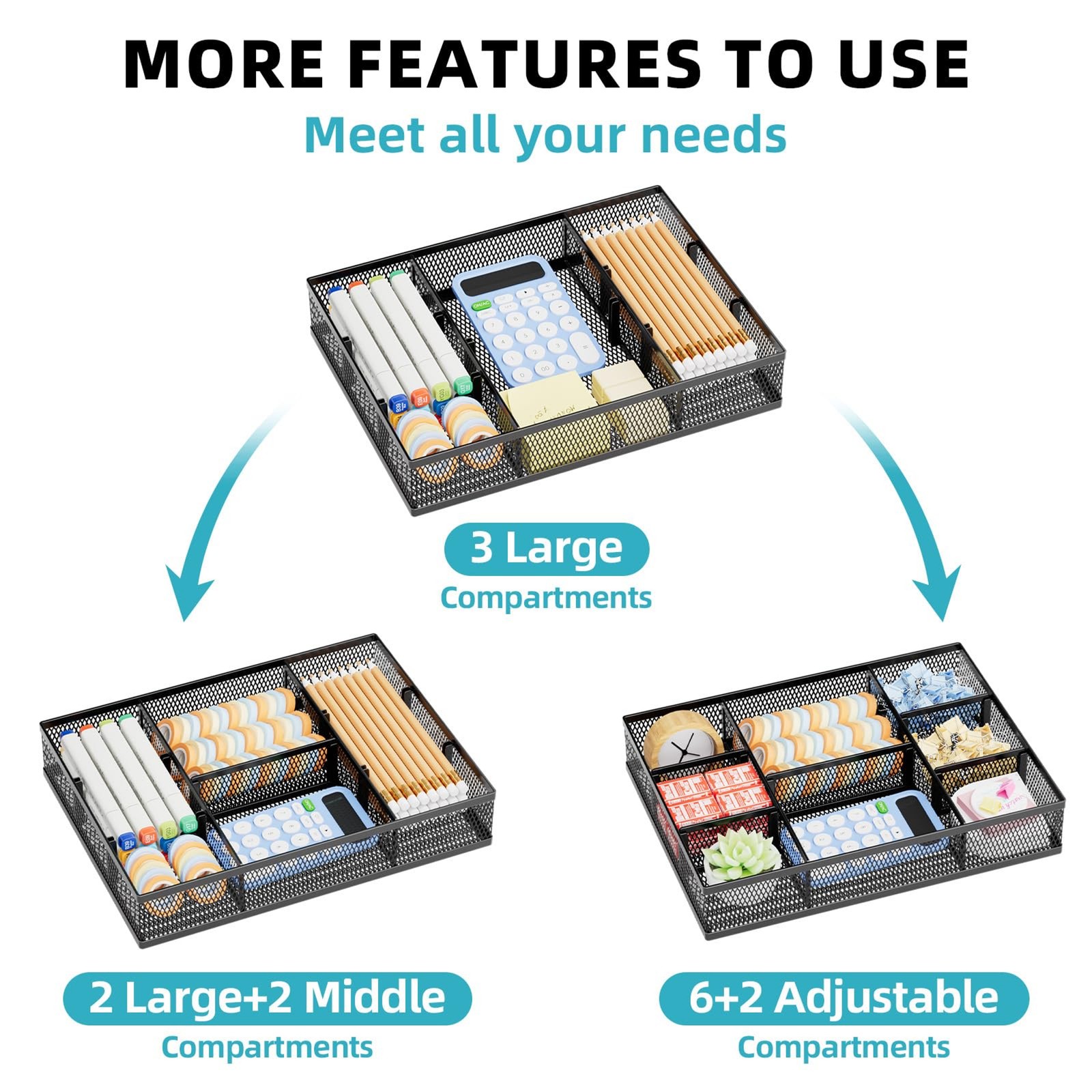 Marbrasse 2 Pack Desk Drawer Organizer, Mesh Drawer Organizer Tray with 8 Adjust