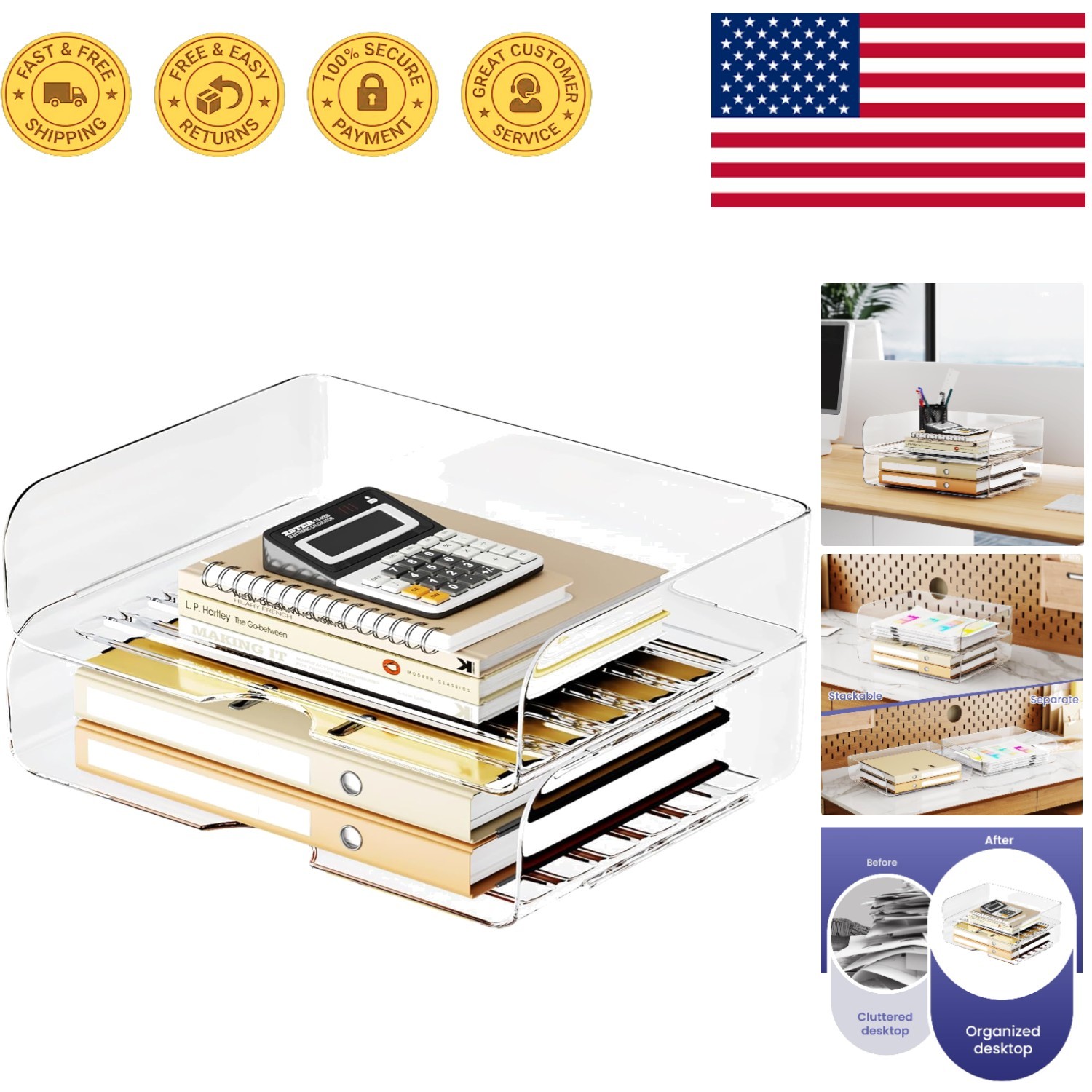 Elegant A4 Stackable Desk Organizer Set – Clear PET Letter Trays for Document…