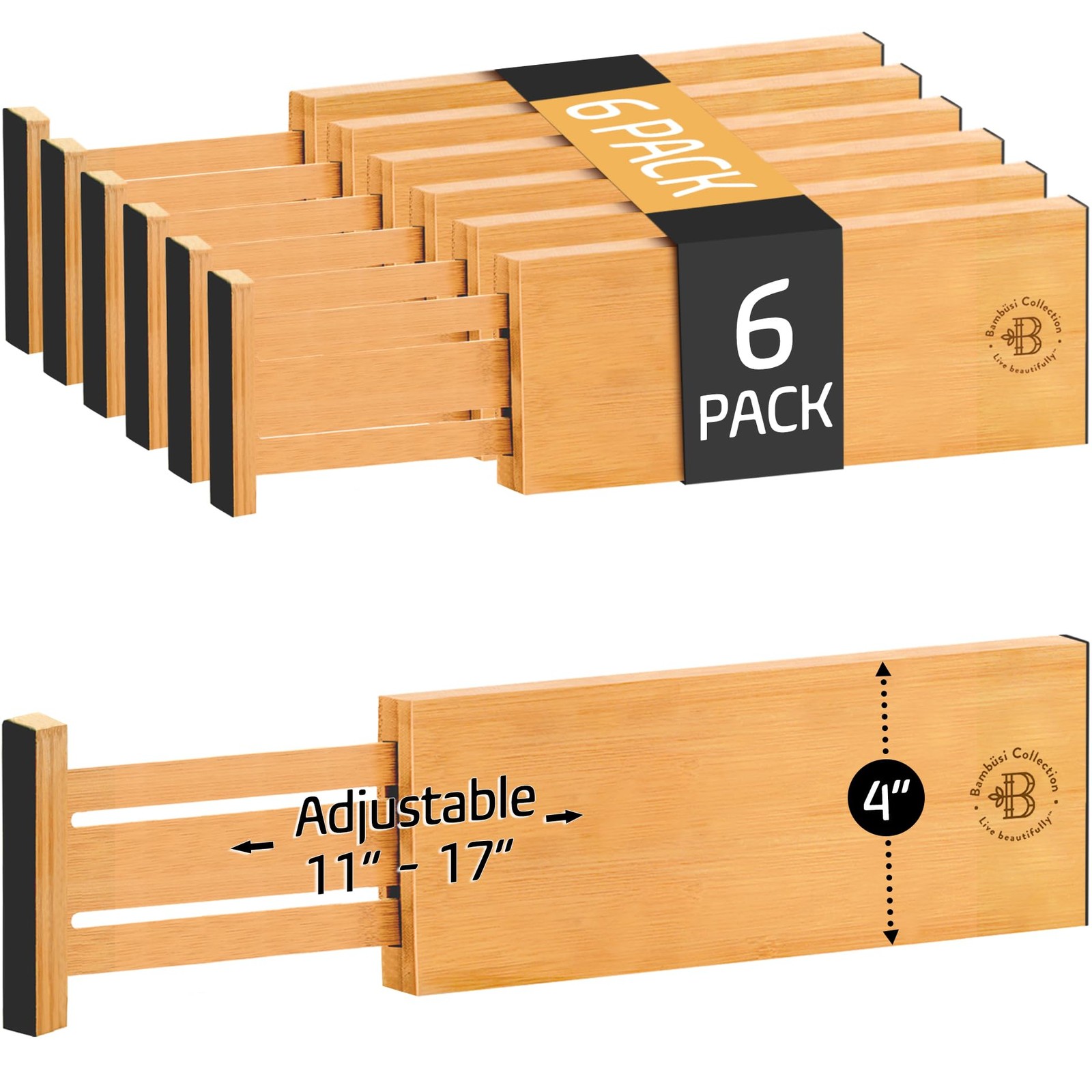 Bambüsi 6-Pack Drawer Dividers – 4 Inches High Adjustable 11 To 17 Inches