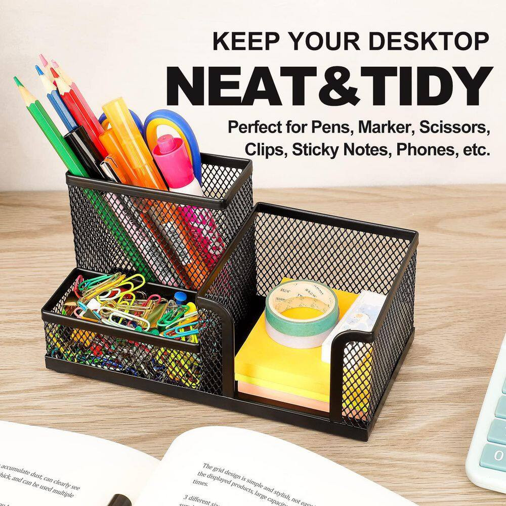 Black Metal Mesh Desk Organizer 3-Compartment Pen Pencil Holder Non-Slip Base Of