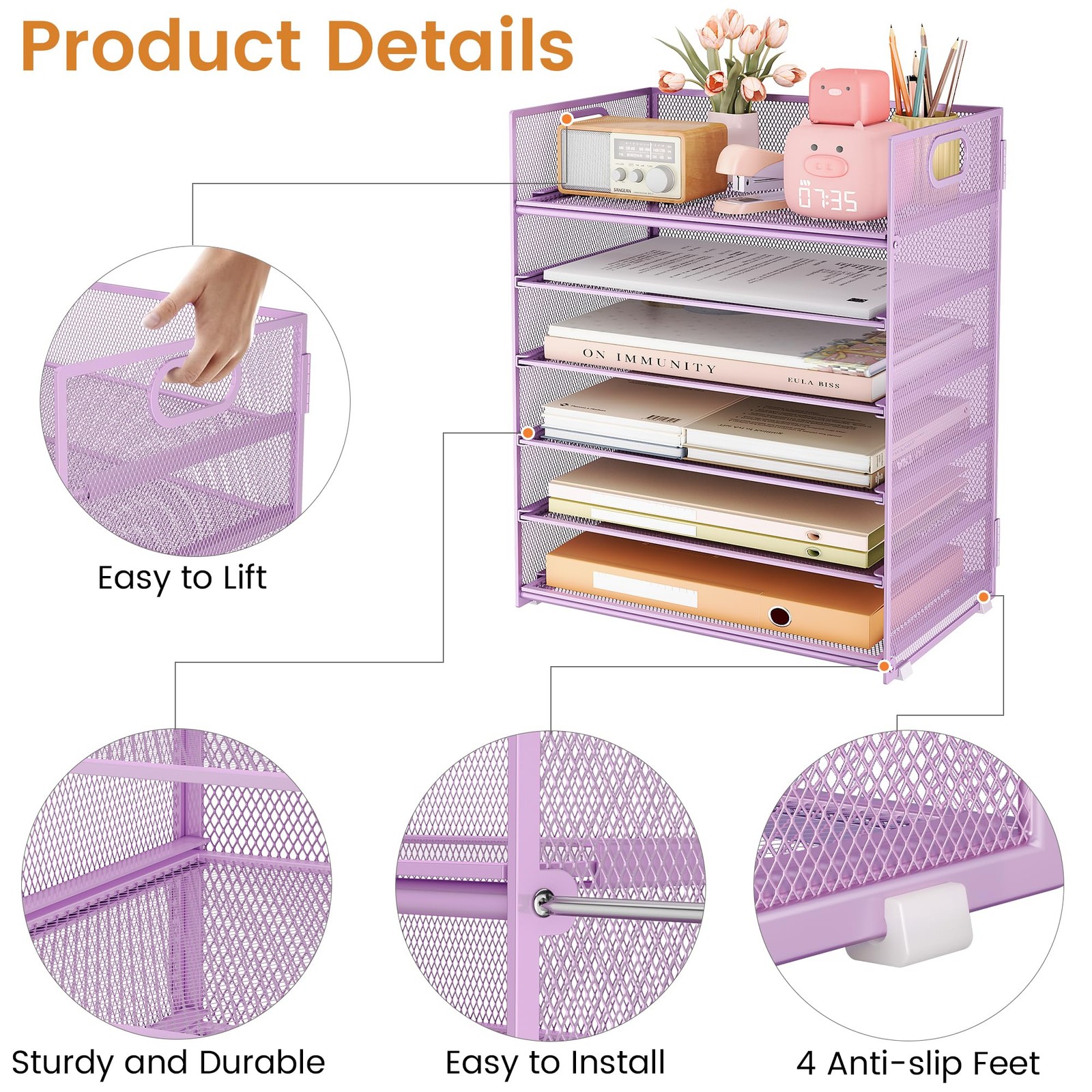 6~Tier Purple Mesh Paper Tray Organizer with Handle, Stackable Desk Organizer
