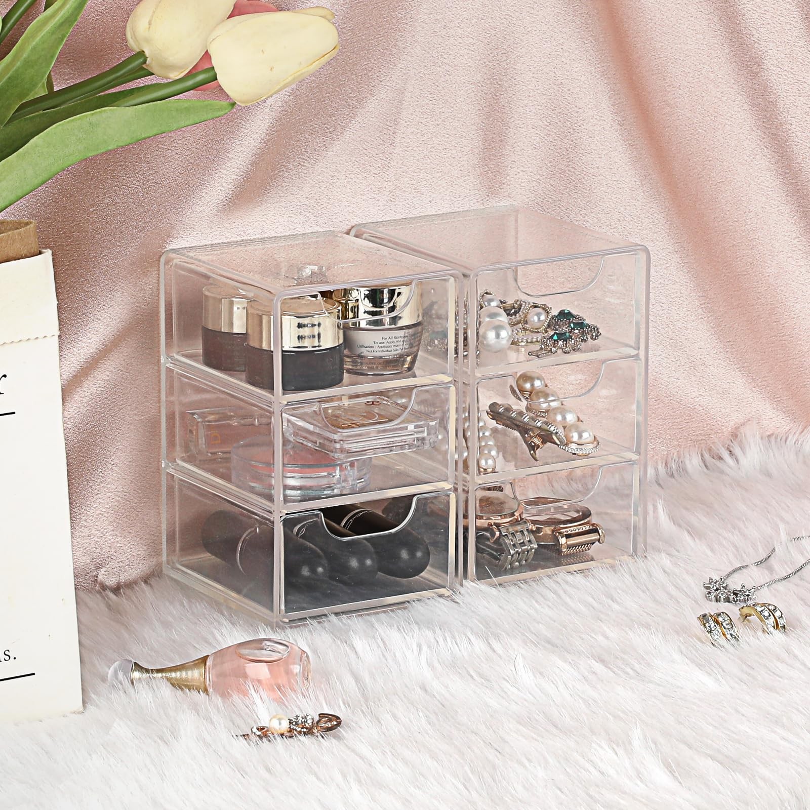 BTSKY 2 Pack Small Acrylic Storage Organizer with Drawers, 1 Pack, Clear