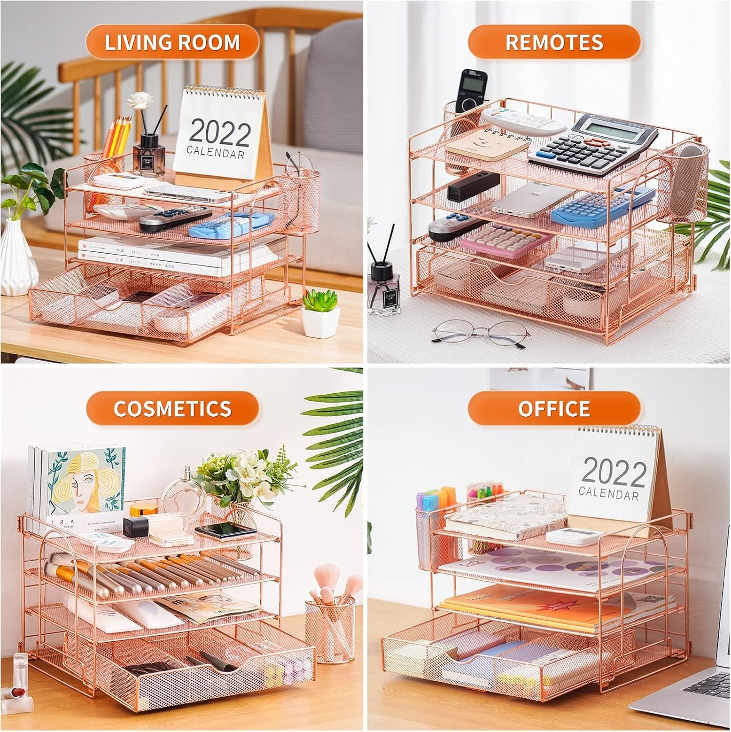 Lavatino Rose Gold 4 Tier Desk Organizer Metal Letter Tray Drawer Set