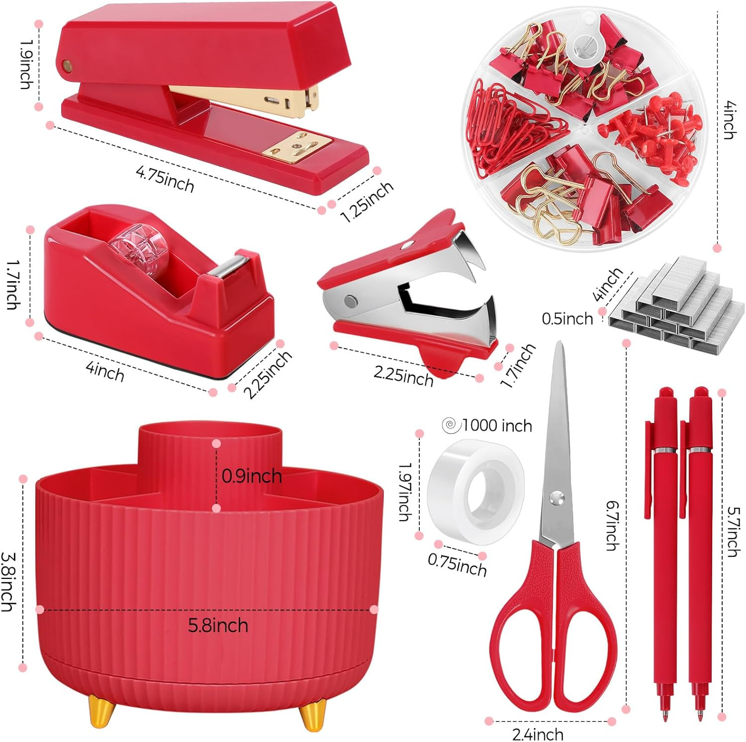 Red Office Supplies Set, Pencil Holder for Desk, Stapler, Tape Dispenser, Scisso