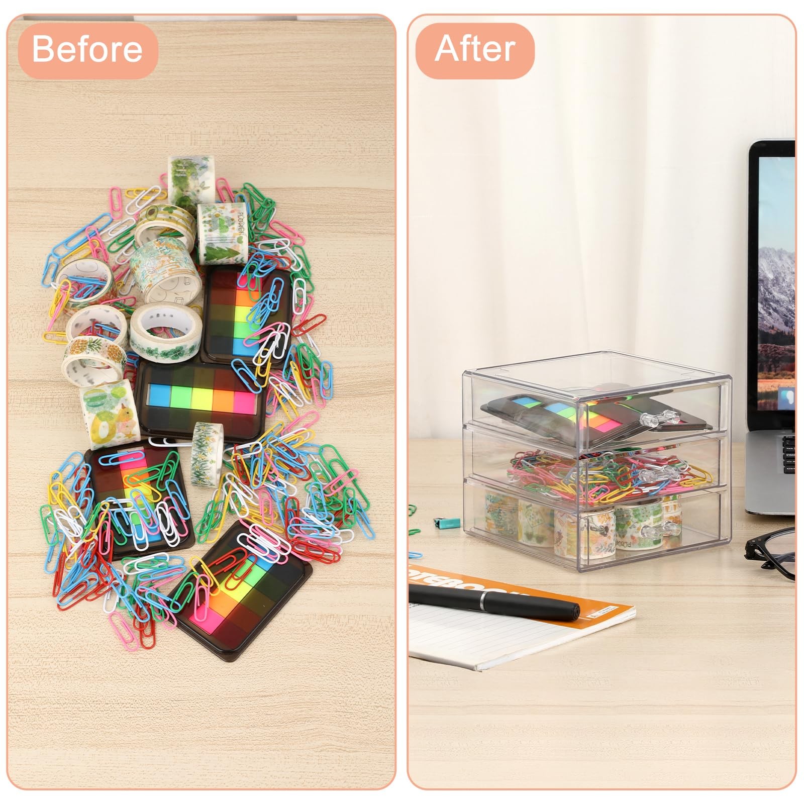 BTSKY Clear Acrylic Storage Organizer with Drawers, 3-layer, Transparent