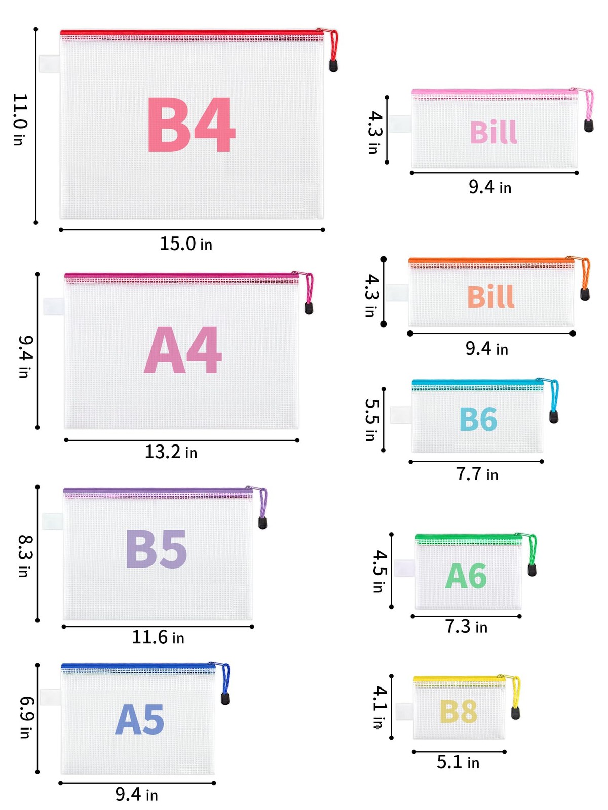 48 Pack 8 Sizes Mesh Pouch, 9 Colors, Waterproof Zipper File Bags Document Mu…