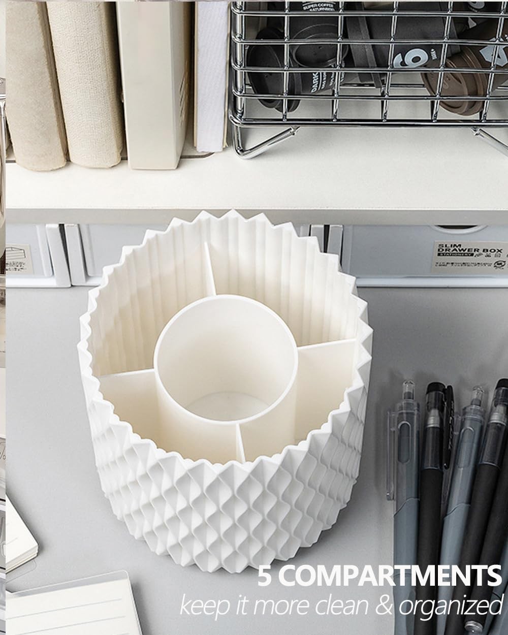 Rotating Pen Holder for Desk, 5 Slots Unique White Desk Organizer Easthetic Desk