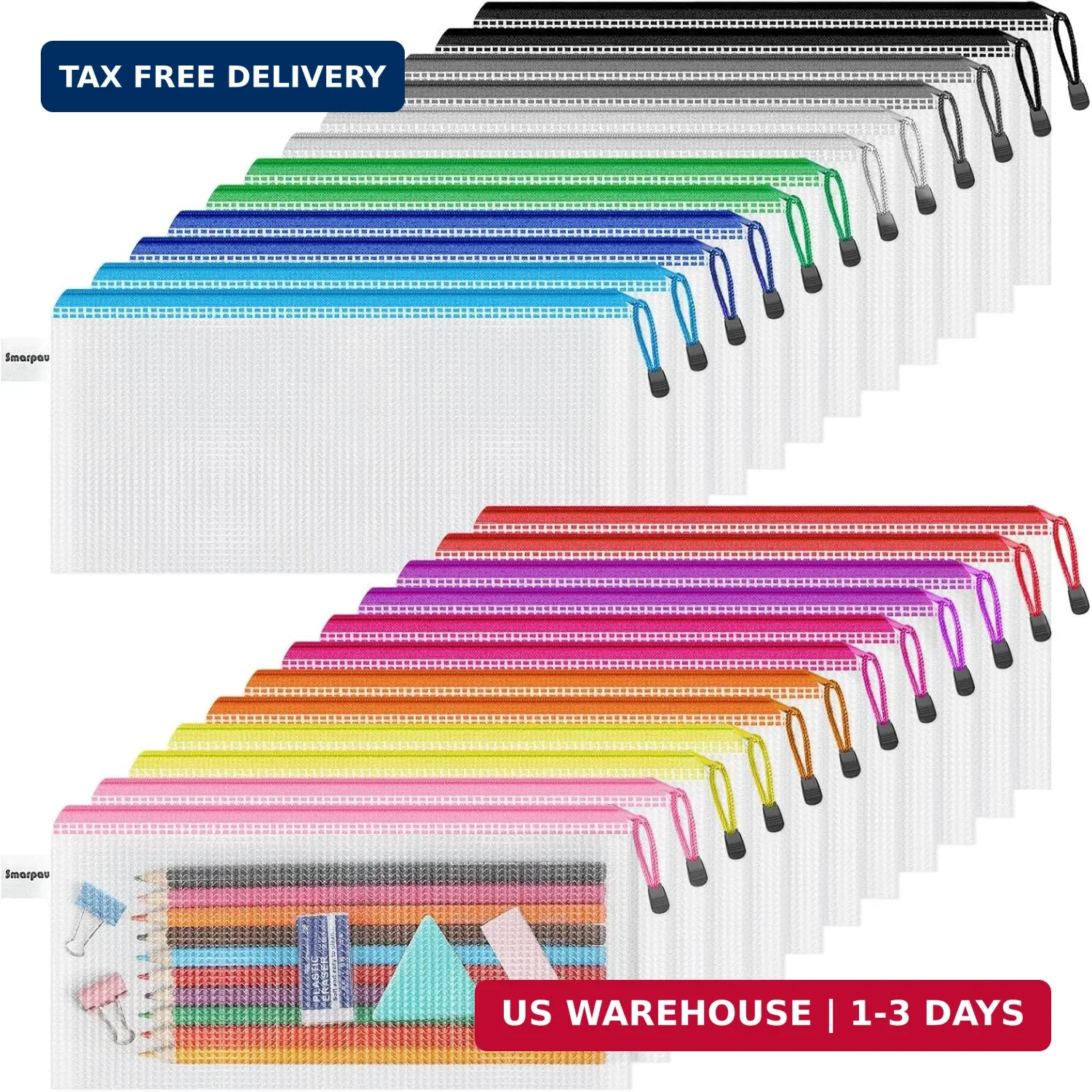 Smarpau 24 Pack Pencil Pouches, A6 Waterproof PVC Pencil Bags, 12 Colors Mesh Zi