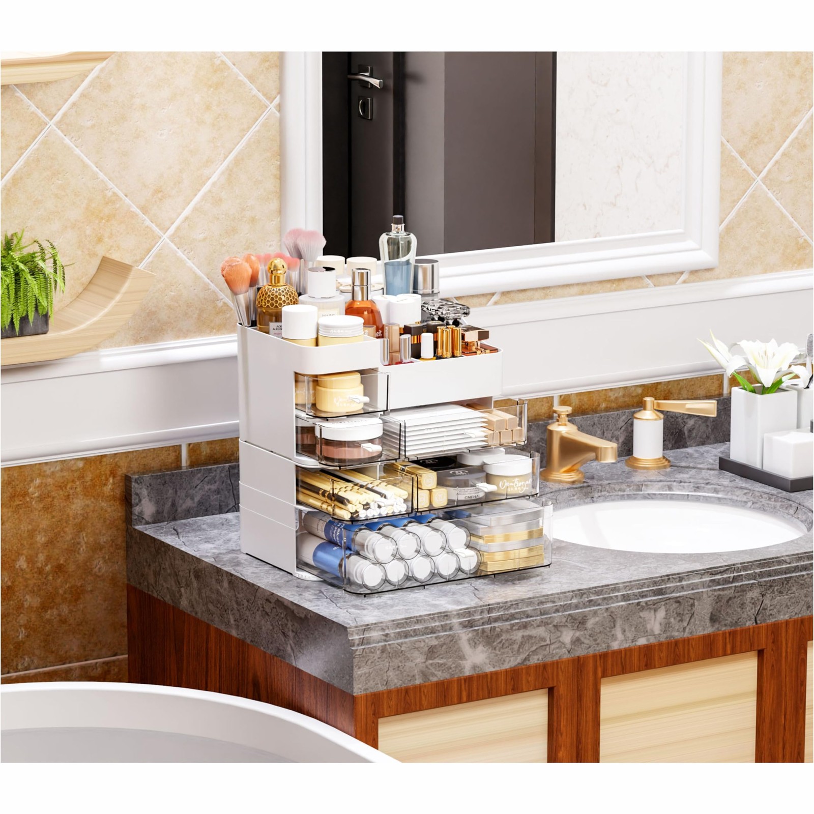 White Countertop Makeup Organizer with 6 Drawers,Large Large-6 Drawers,