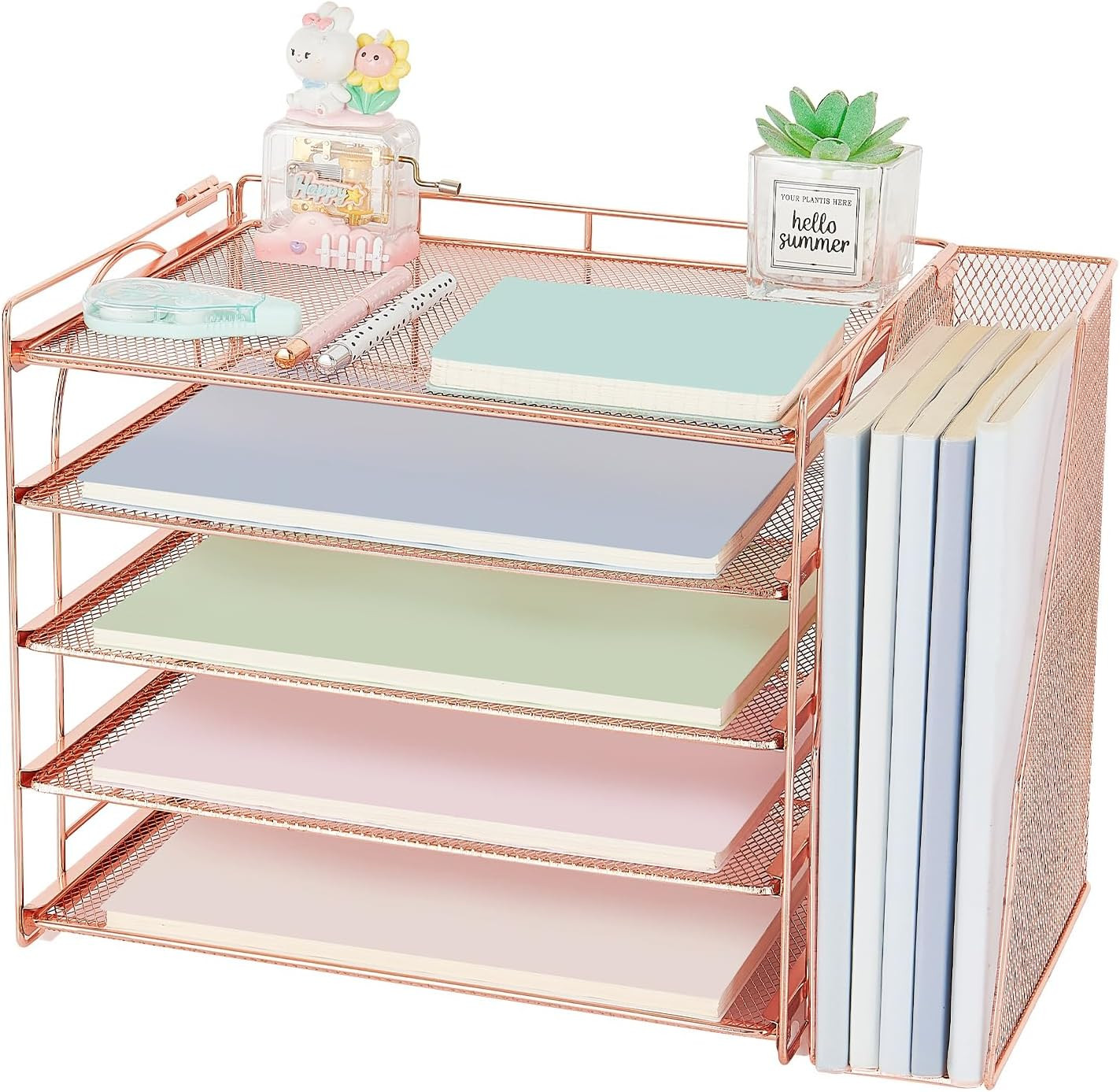 Rose Gold Desk Accessories Organizer,5-Tier Desktop Paper File Organizer with Ad
