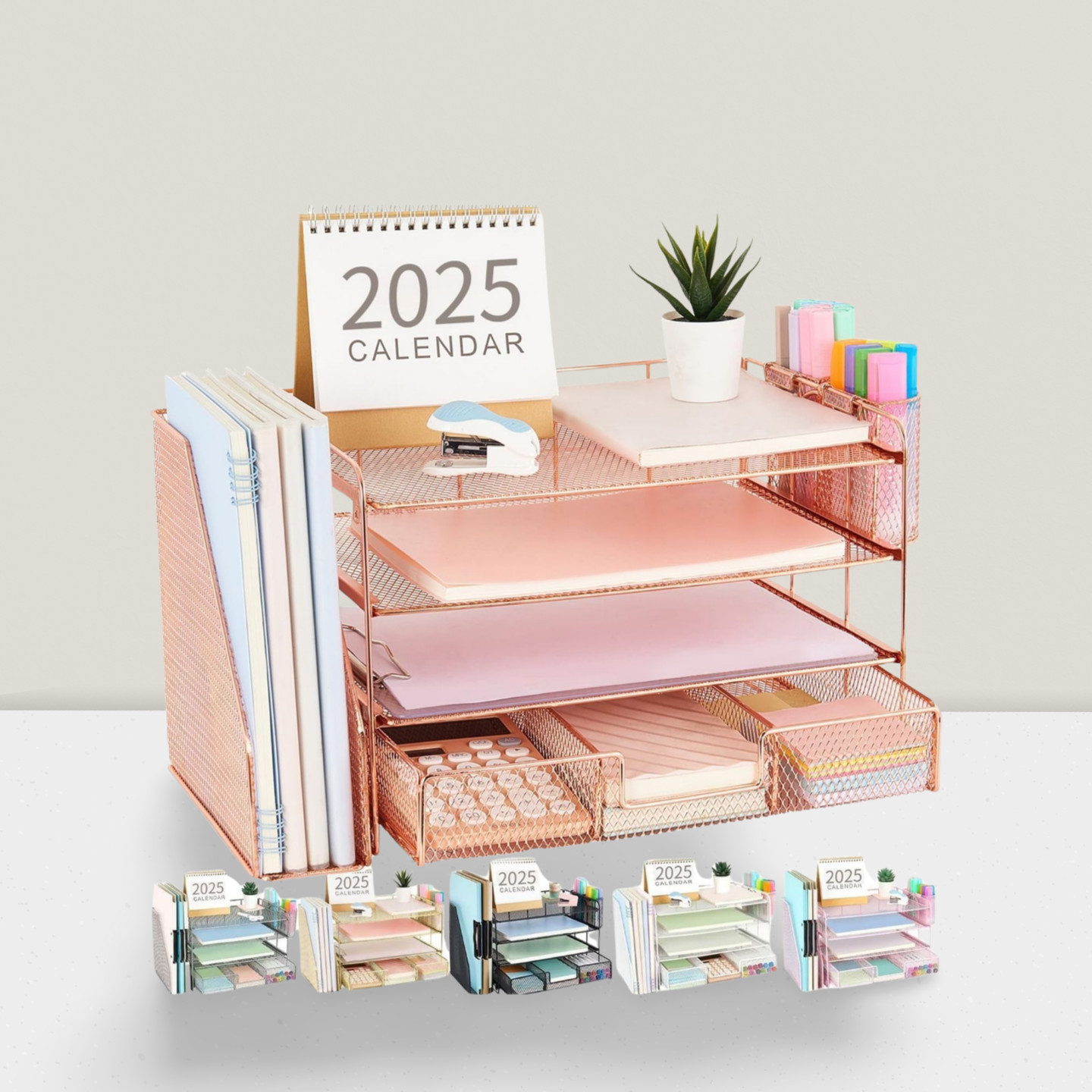 4-Tier Paper Letter Tray Organizer with File Holder Pen Holder Rose Gold