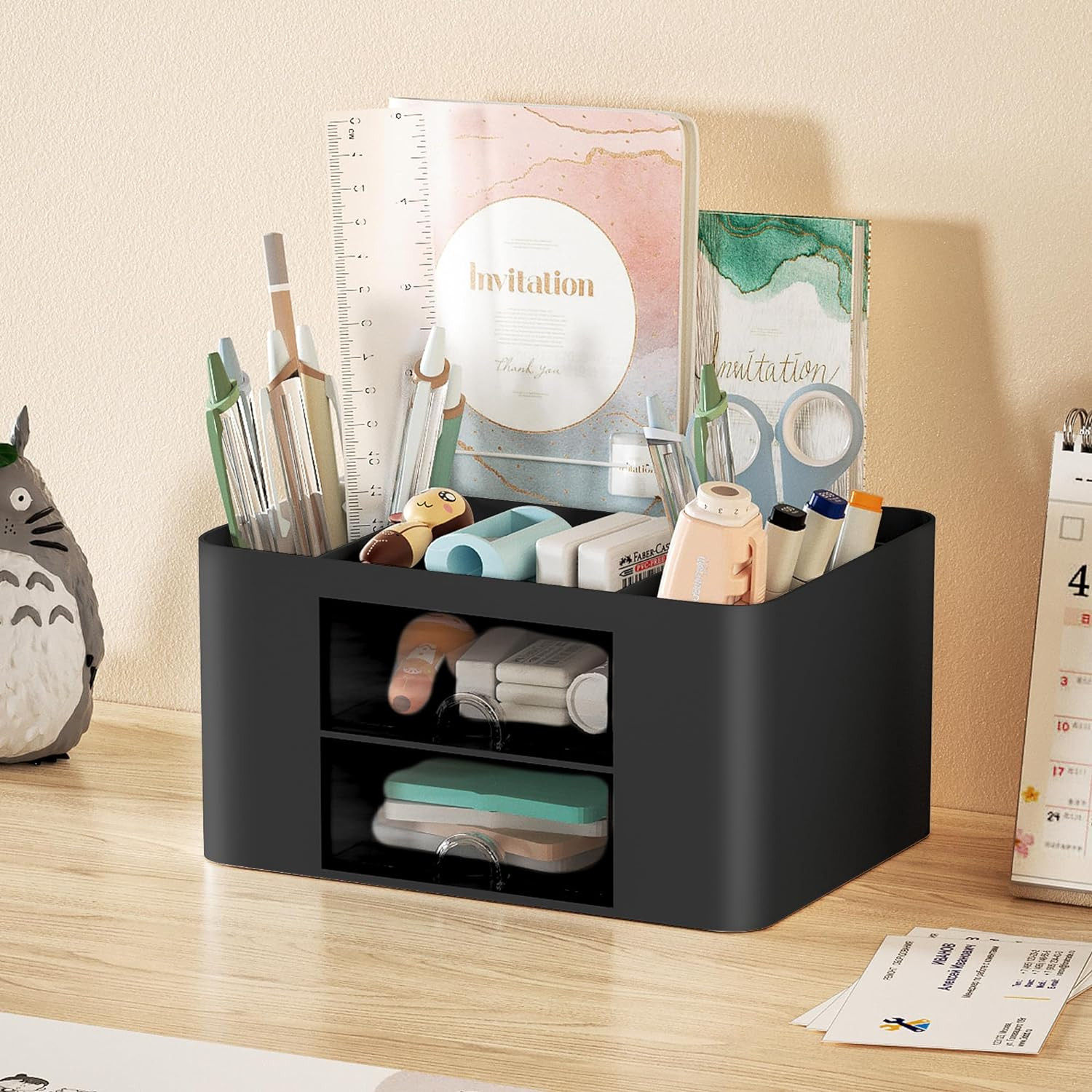 Pen Organizer with 2 Drawer, Multi-Functional Pencil Holder for Desk, Desk Organ