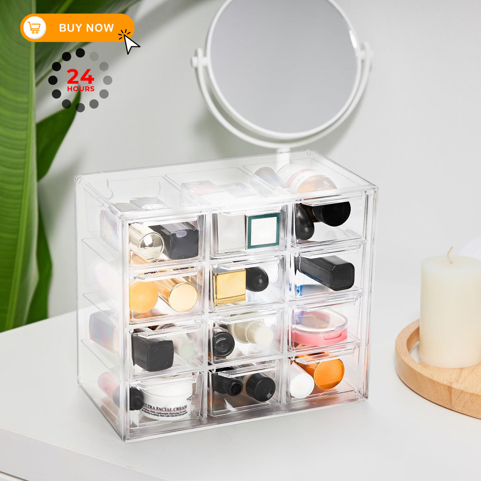 YOUEON 2 Pack Mini Desk Organizer with 12 Removable 7″L x 4″W x 6.1″H, Clear