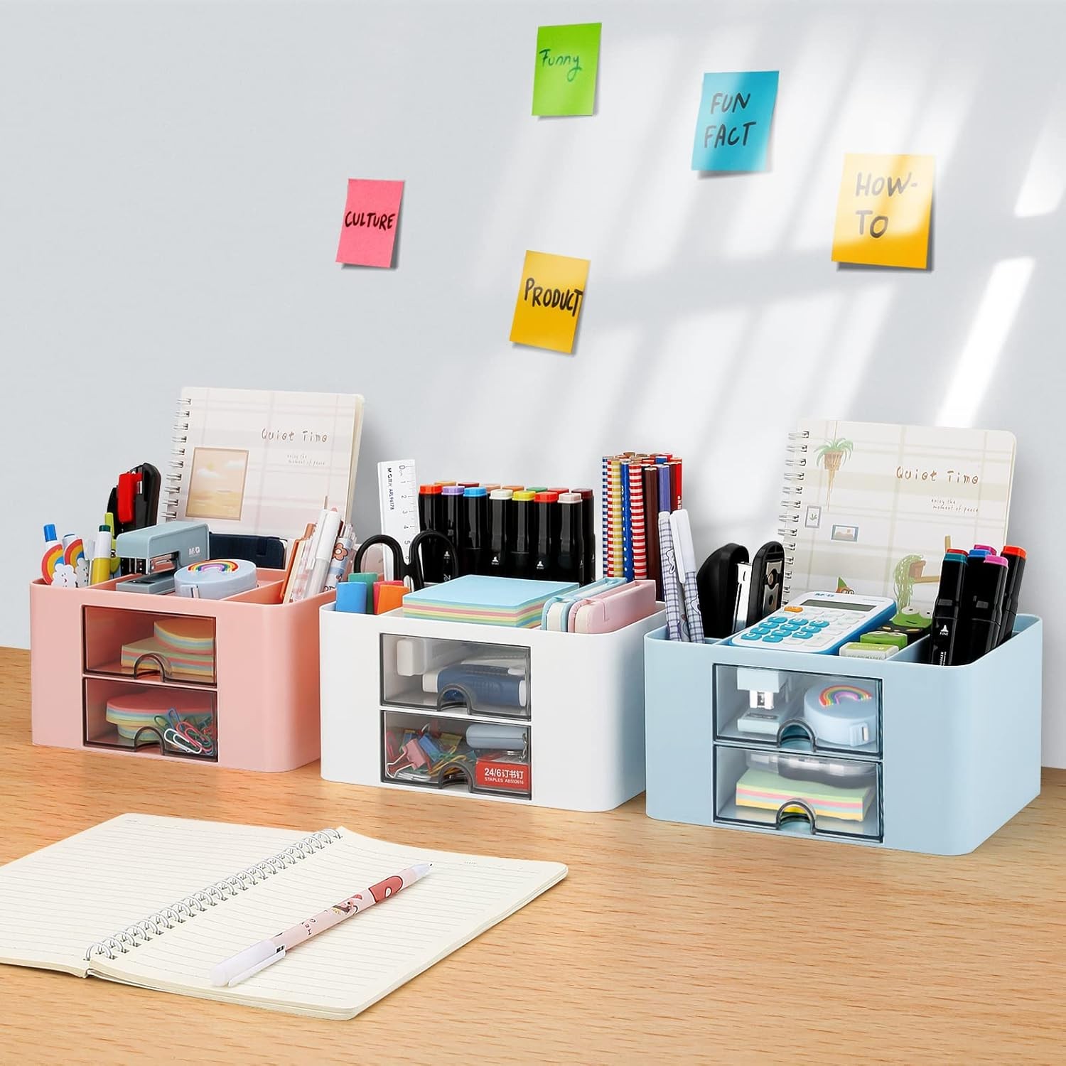 Desk Organizer with 2 Drawer, Plastic Desktop Pen Pencil Card Holder Storage Box