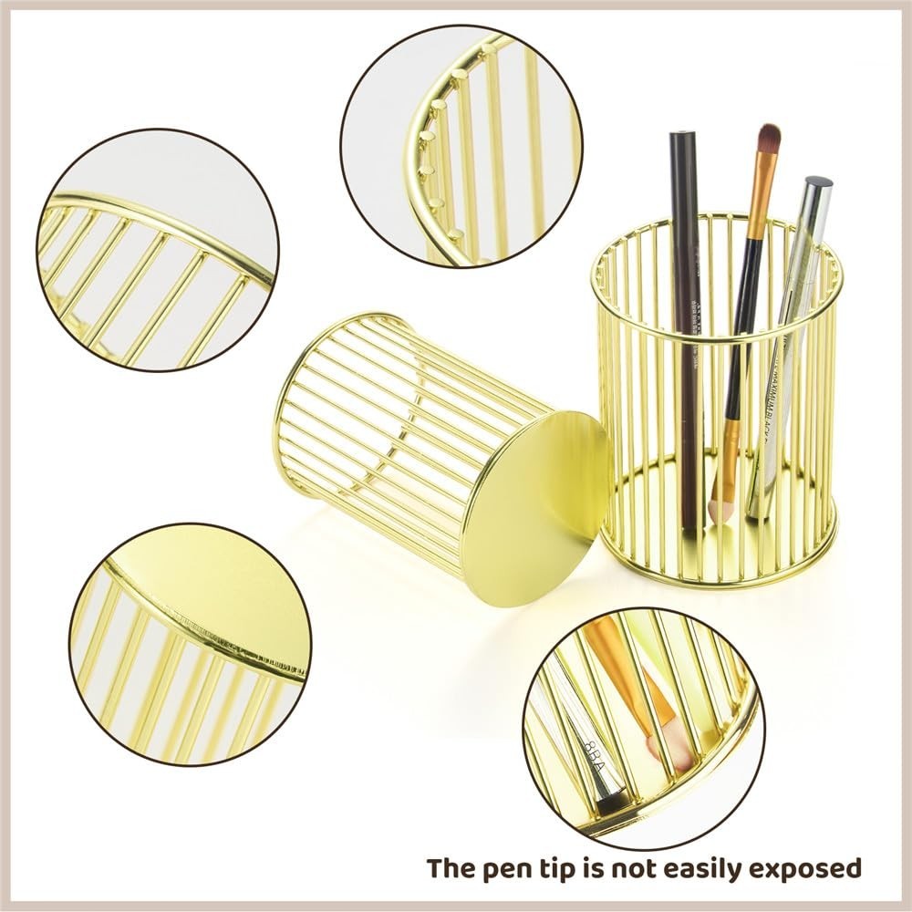 Pen Cup Holder 2 Pack, Office Desk Organizer For Pencils Brushes, Gold
