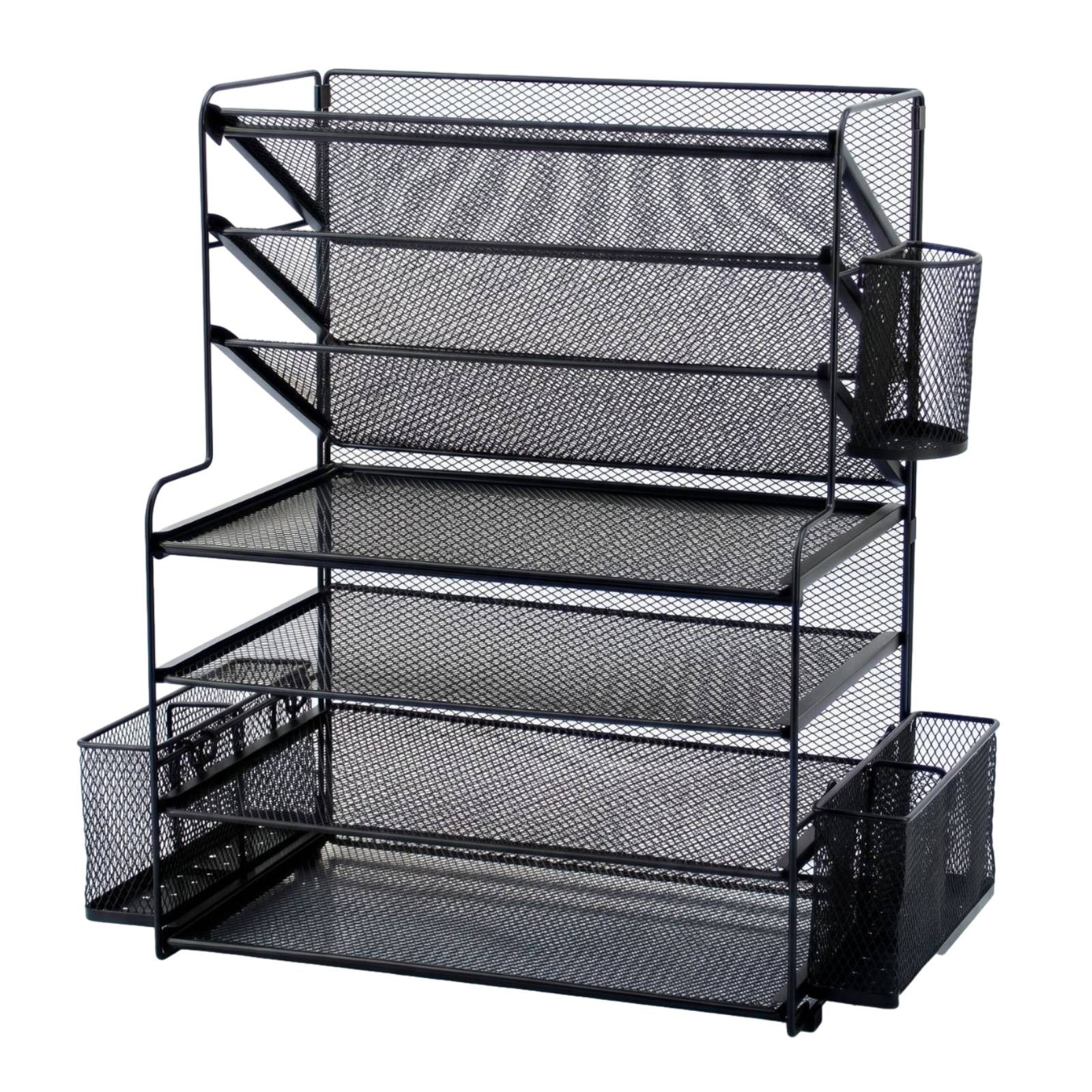 Document Rack with Side Baskets Slanted Mesh Desk Organizer Stepped for