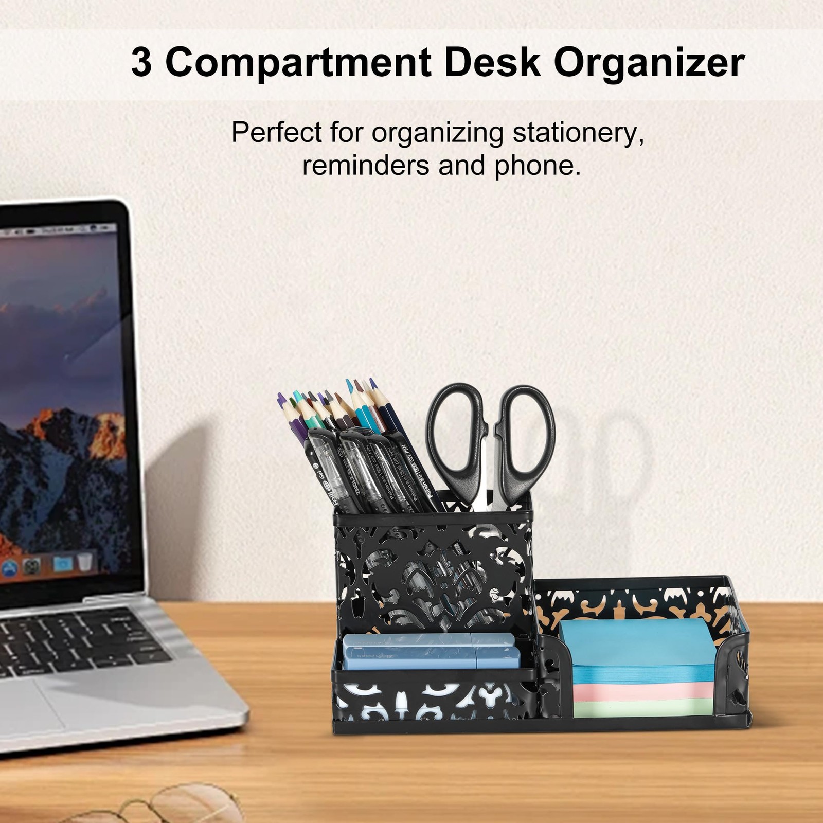 Desk Organizer with 3 Compartments for Pens Sticky Notes Office Supplies
