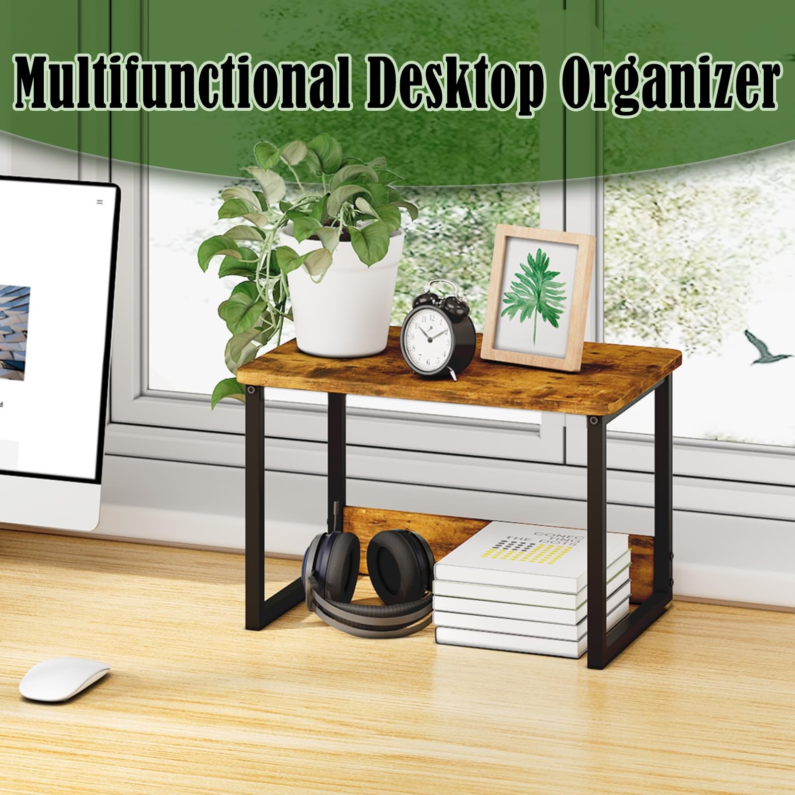 MARTY Printer Stand with Storage for Desk, Desktop 2 Tier, Rustic Brown
