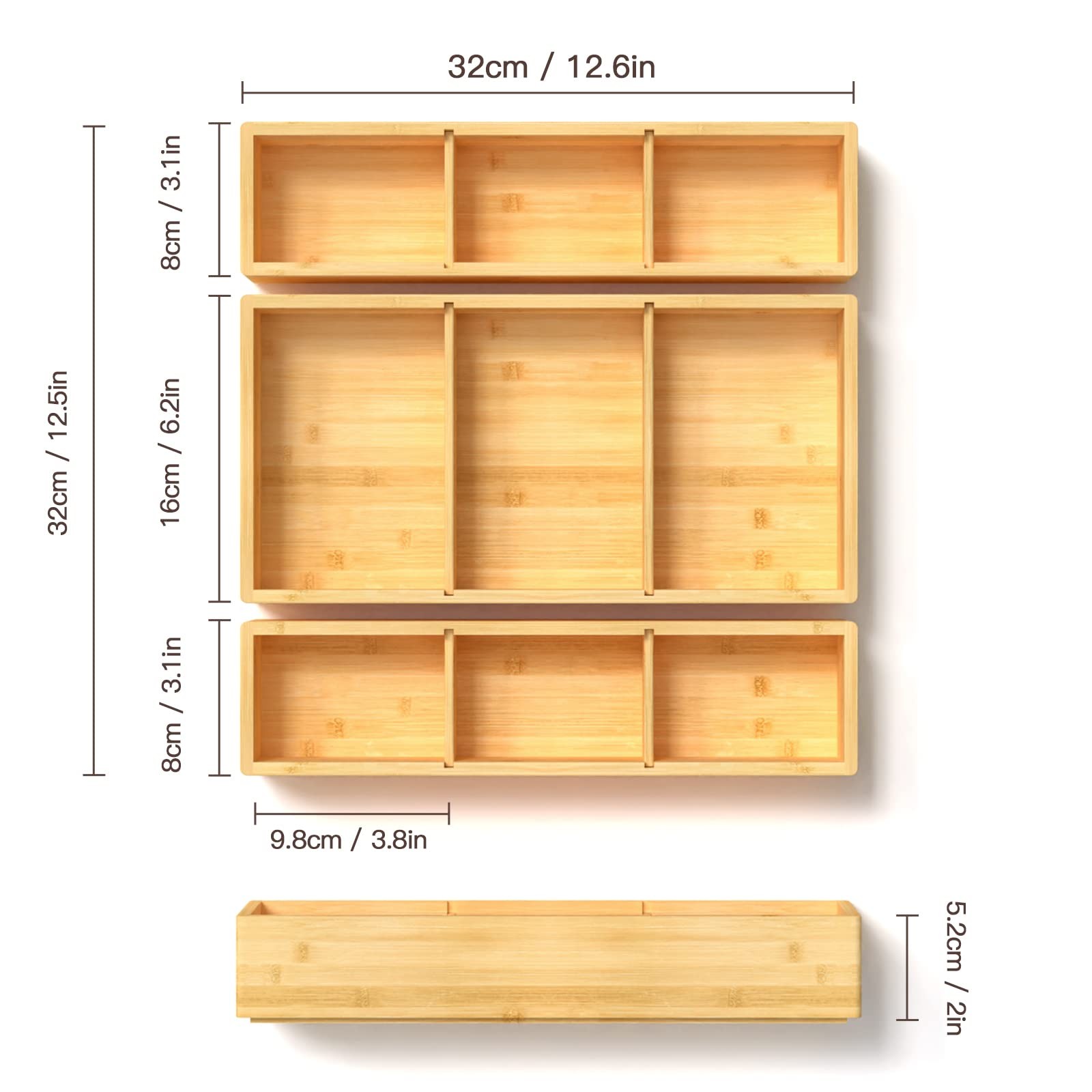 DUJEN Bamboo Drawer Organizer 1 piece 12.5X6.2 & 2 pieces 12.5X3.1, BAMBOO