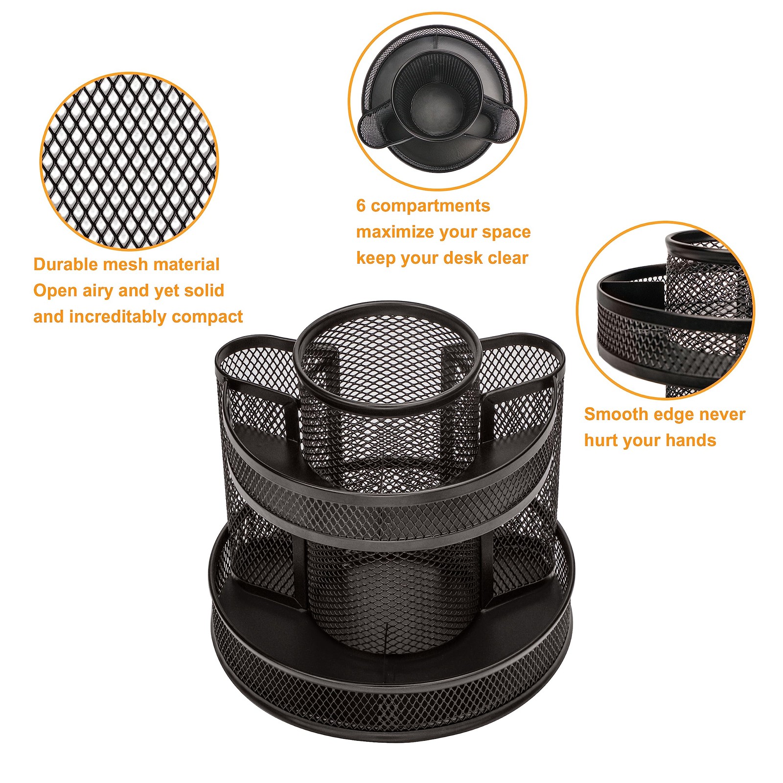 Annova Mesh Desk Organizer Rotate with 5 Compartments Round Spinning Black