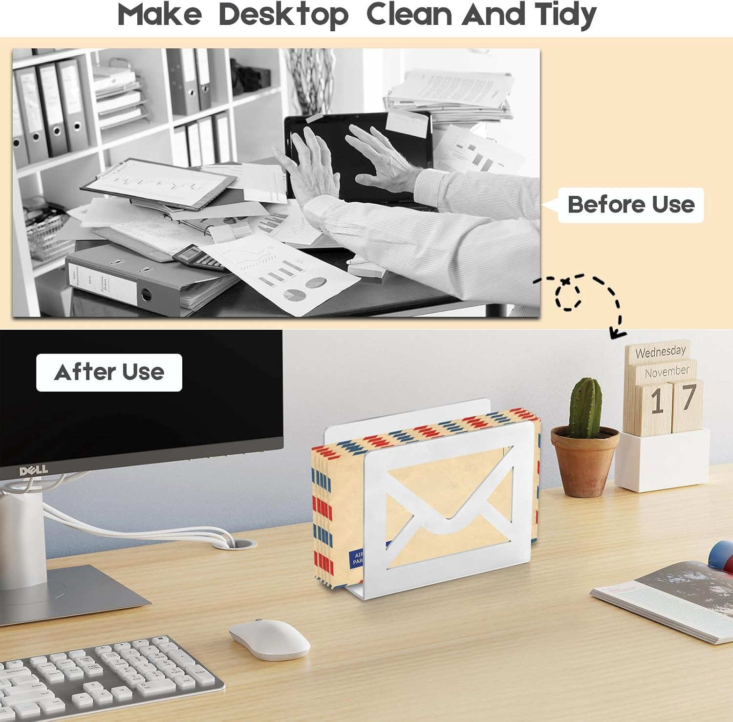 Desktop Metal Mail Holder,Modern Black Letter Organizer for Desk with Cutout Env
