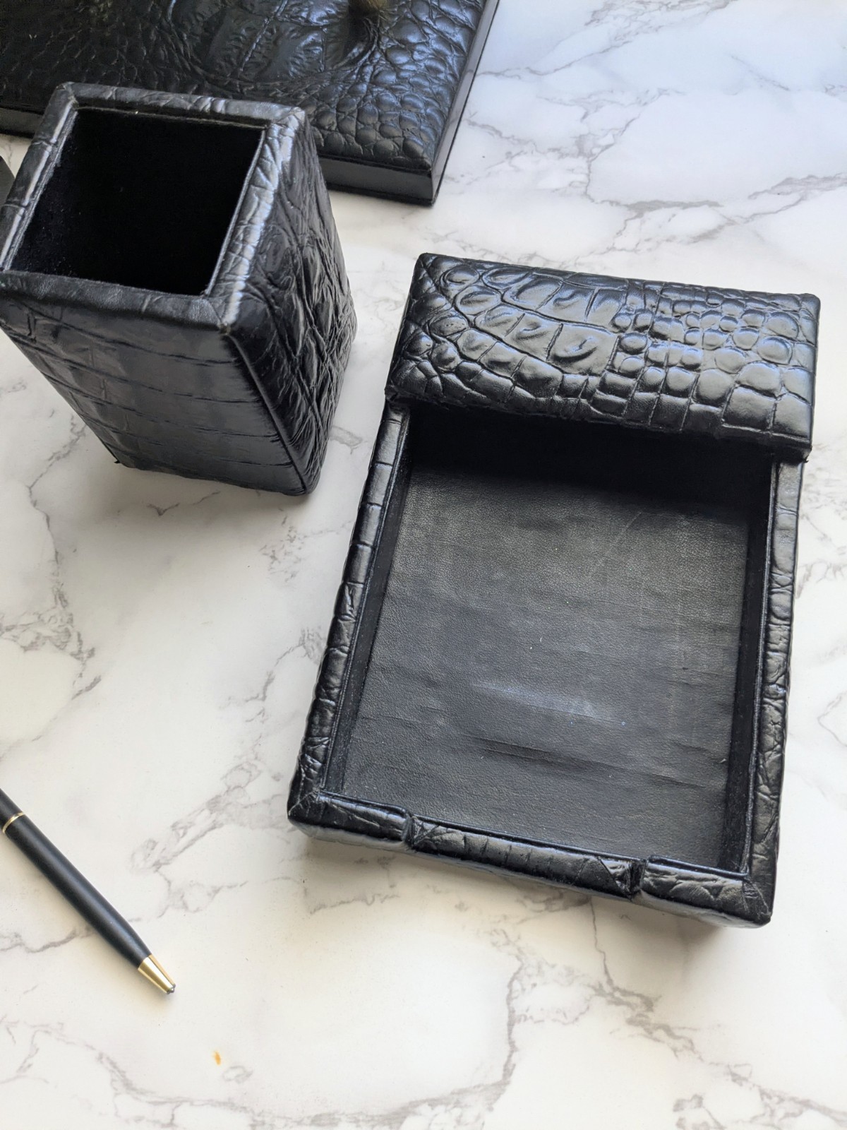 Majorca Black Croc Embossed Leather Desk Set Gold Letter Holder Pen Pencil…