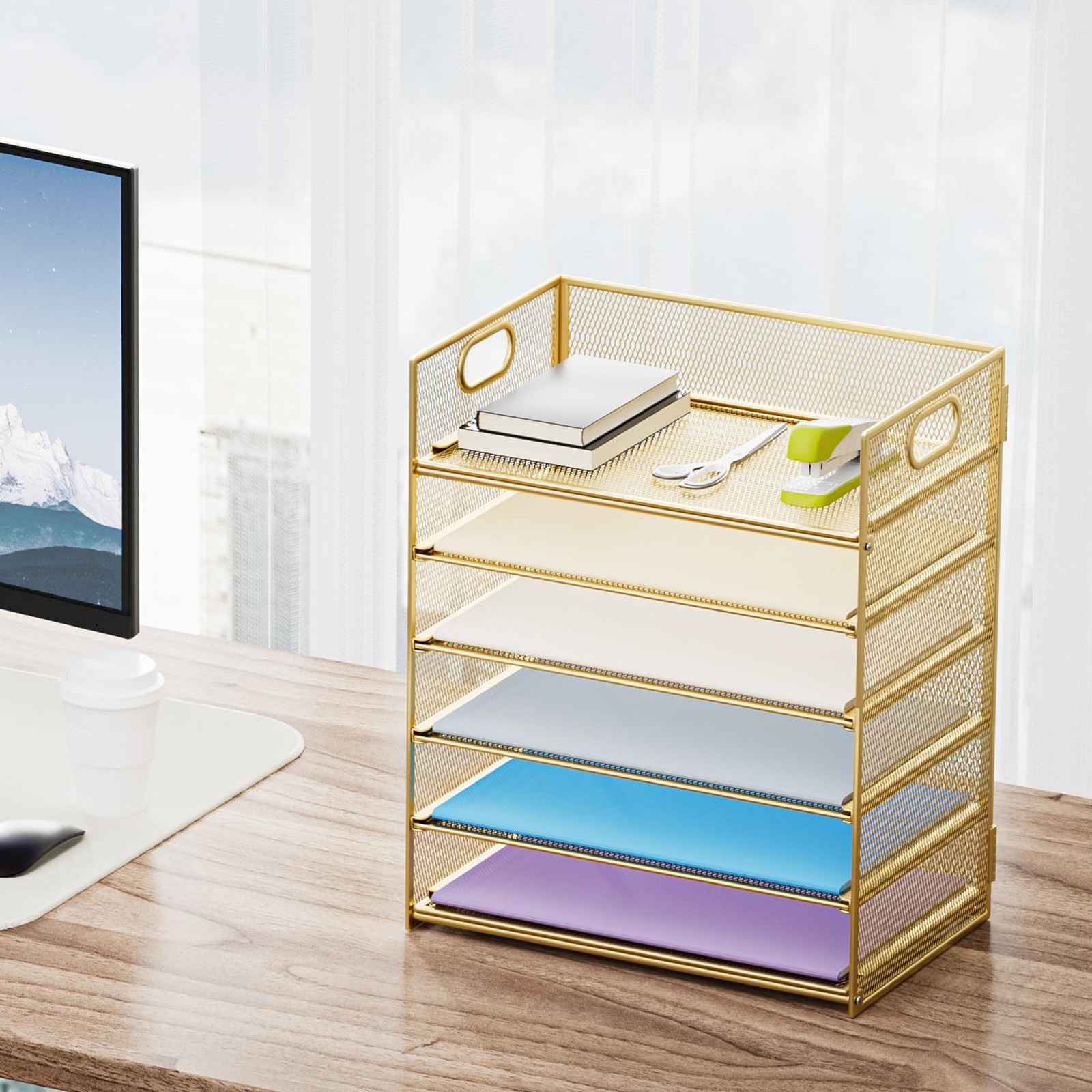 Paper Letter Tray Organizer – 6 Tier Mesh File Organizer with Handle, Paper S…