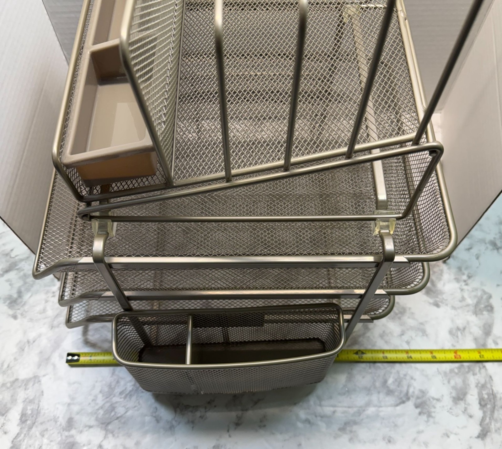 Mesh Metal Office Desk Organizer Steel Grey Finish Sliding Baskets Paper Holders