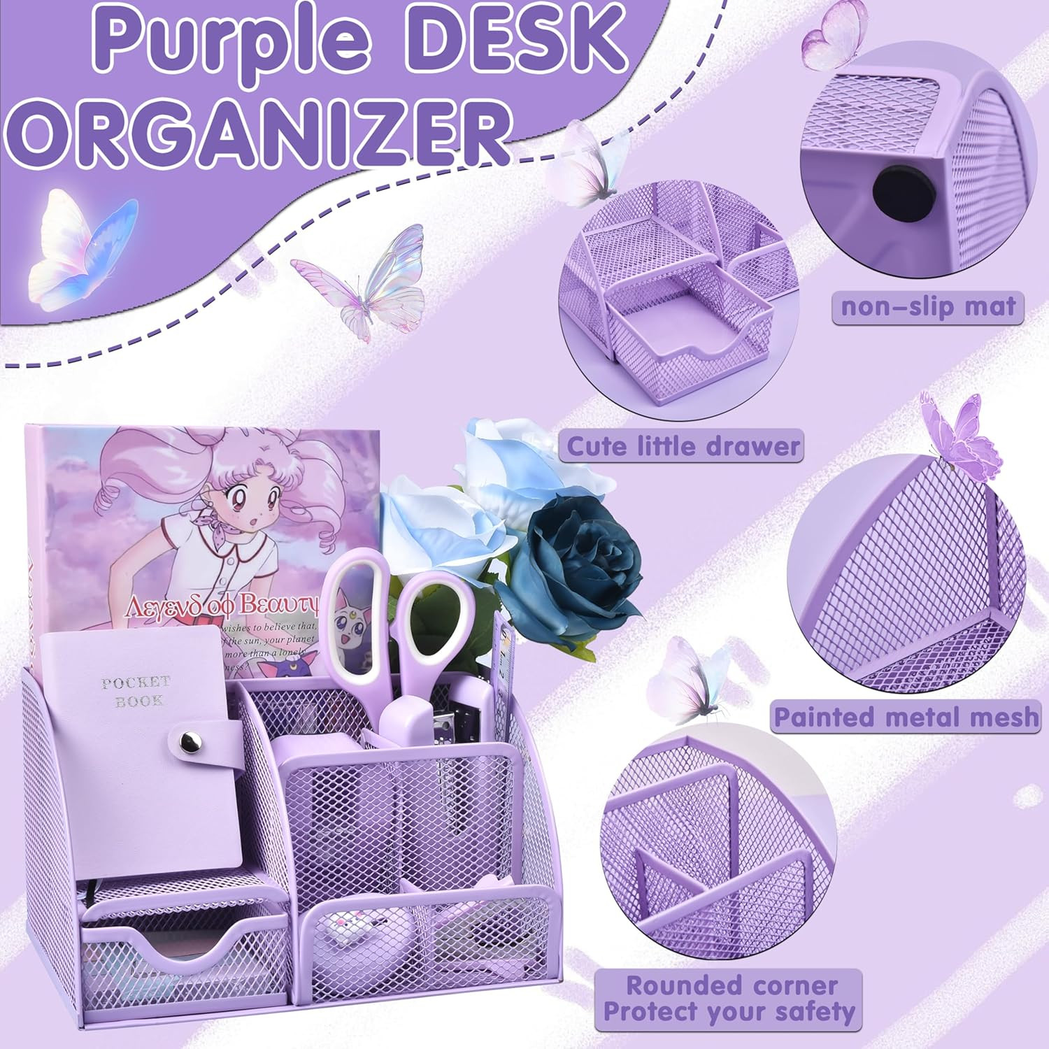 Purple Desk Accessories, 26Pcs Office Supplies and Desk Organizers, with Tape Di
