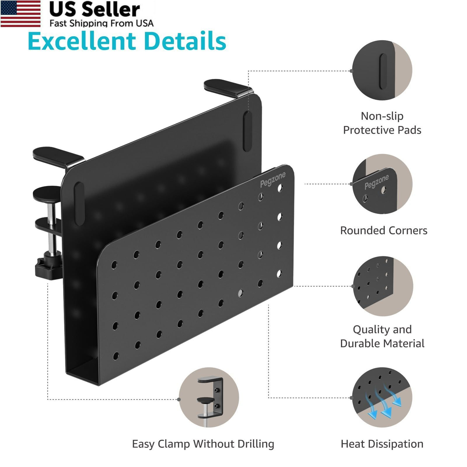 PEGZONE Desk Side Storage Organizer, No Drill 1.8 x 12 x 8.5 inches, Black