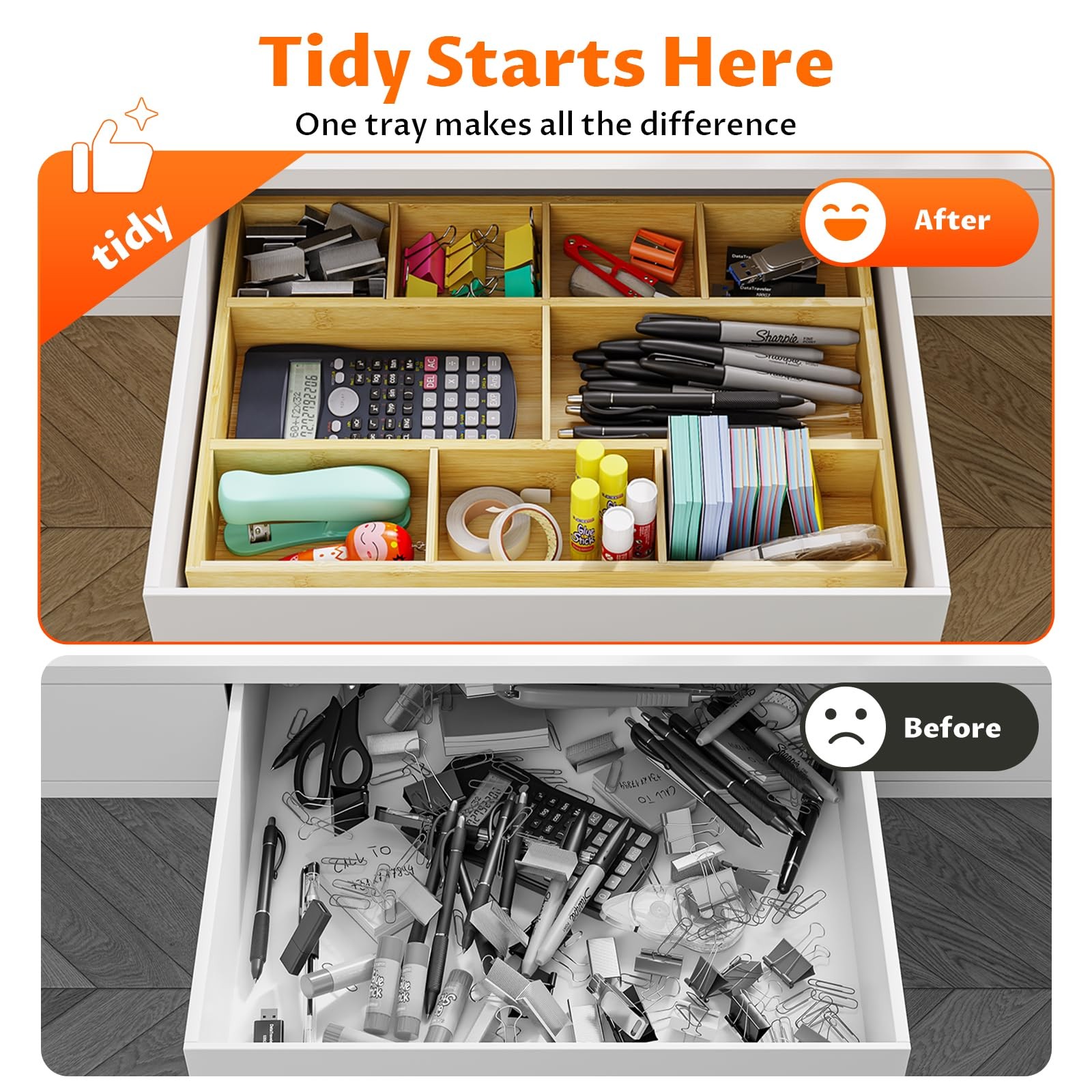 VA1KENE Bamboo Drawer Organizer with 9 Adjustable 9 Compartments,
