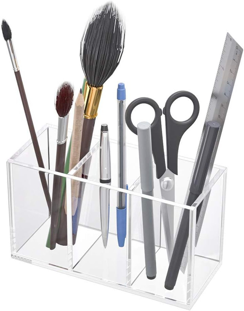 Acrylic Pen Holder 3 Compartments, Clear Pencil Organizer Cup for Countertop Des