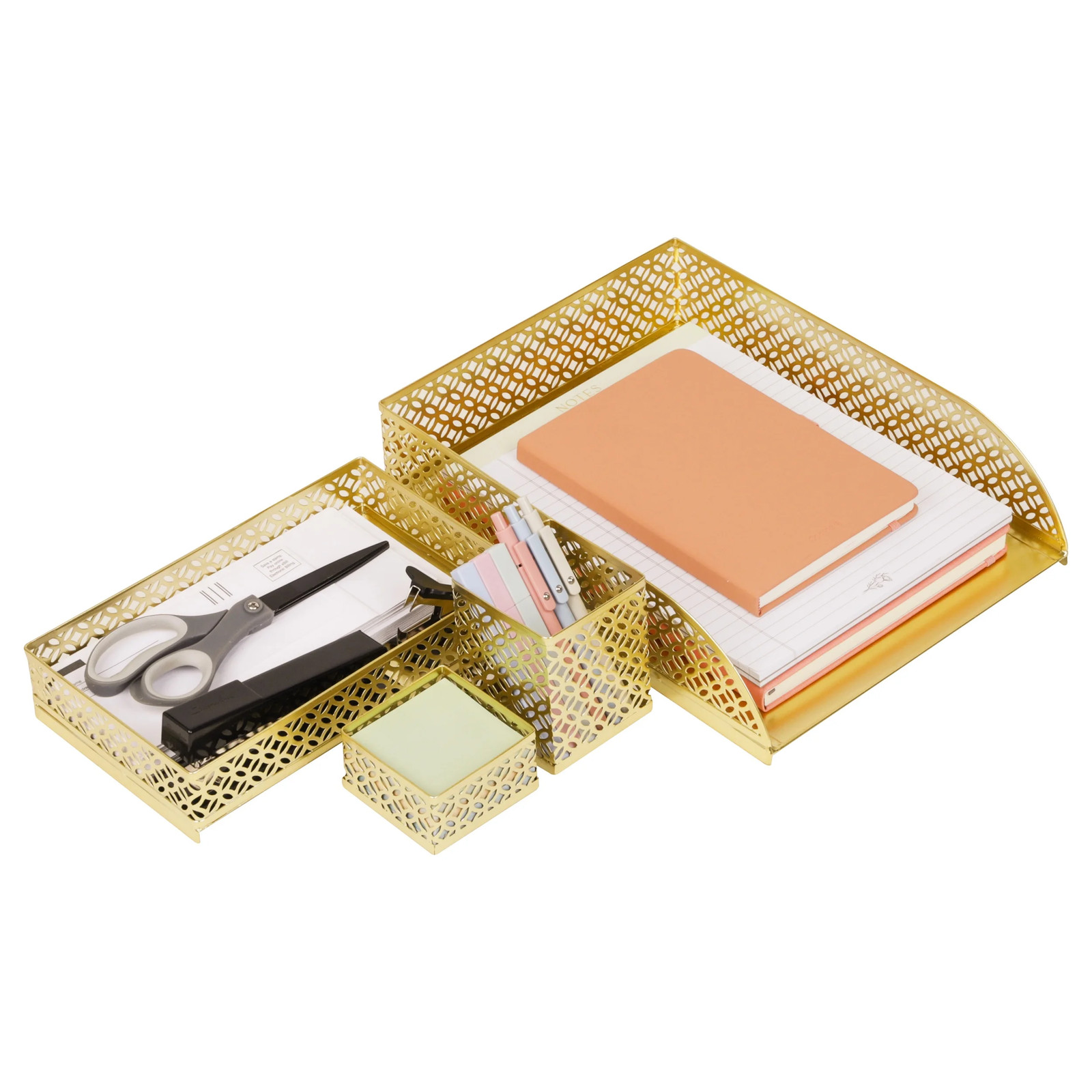 Mind Reader Gold Metal Desktop Accessory Kit 4-Piece Pen Cup Catchall Tray