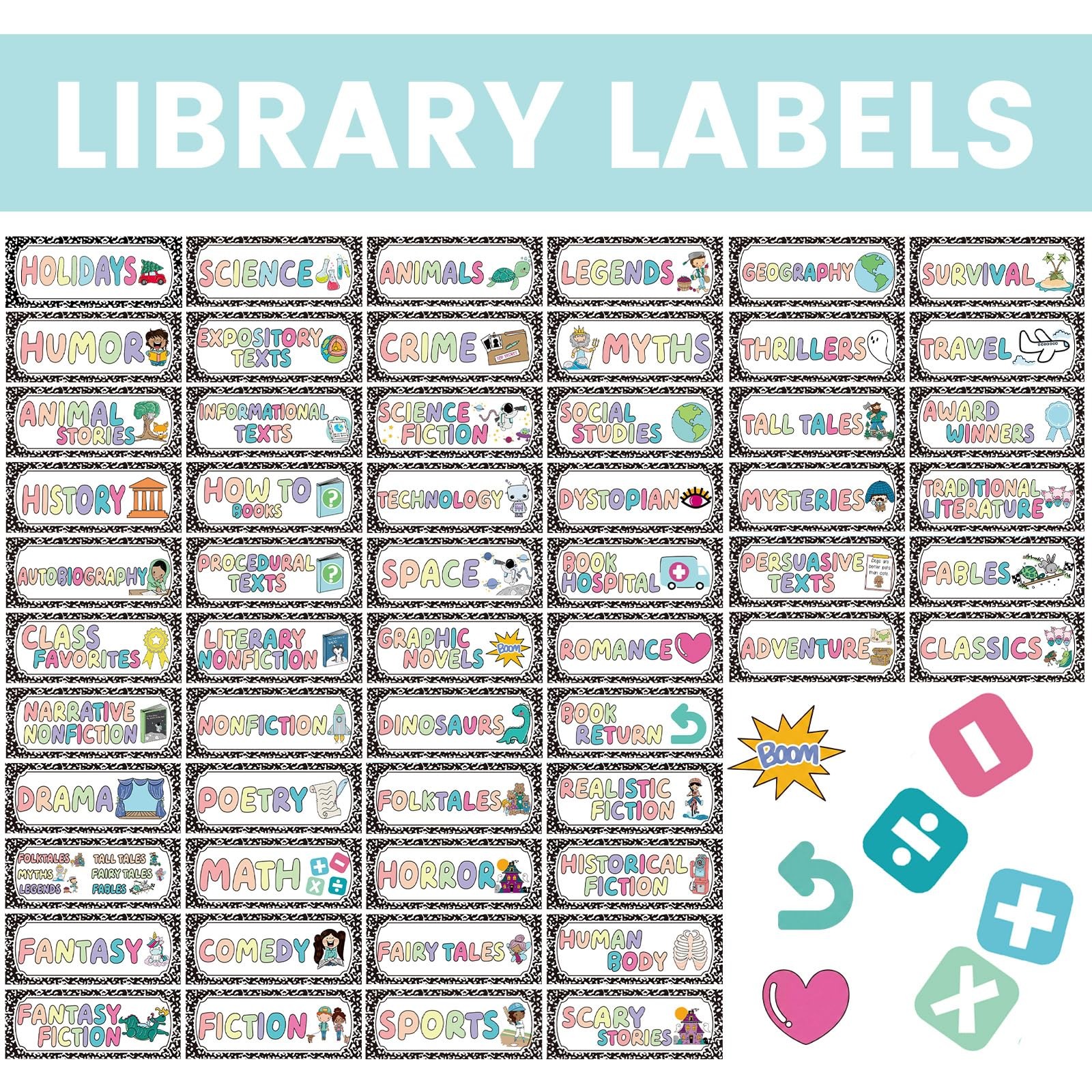 56 Pcs Back to Classroom Library Labels for Genre Topic Book Classroom Librar…