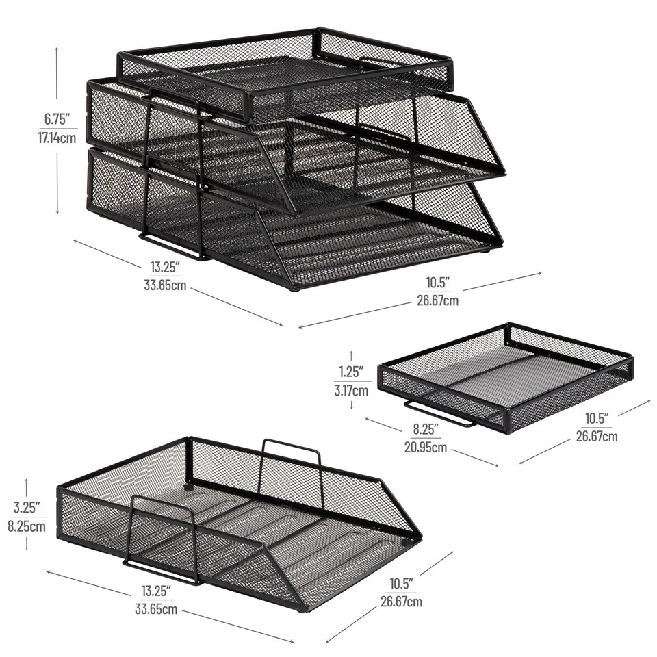 2 Tier Paper Tray with Top Supply Compartment Desktop File Organizer Metal Mesh