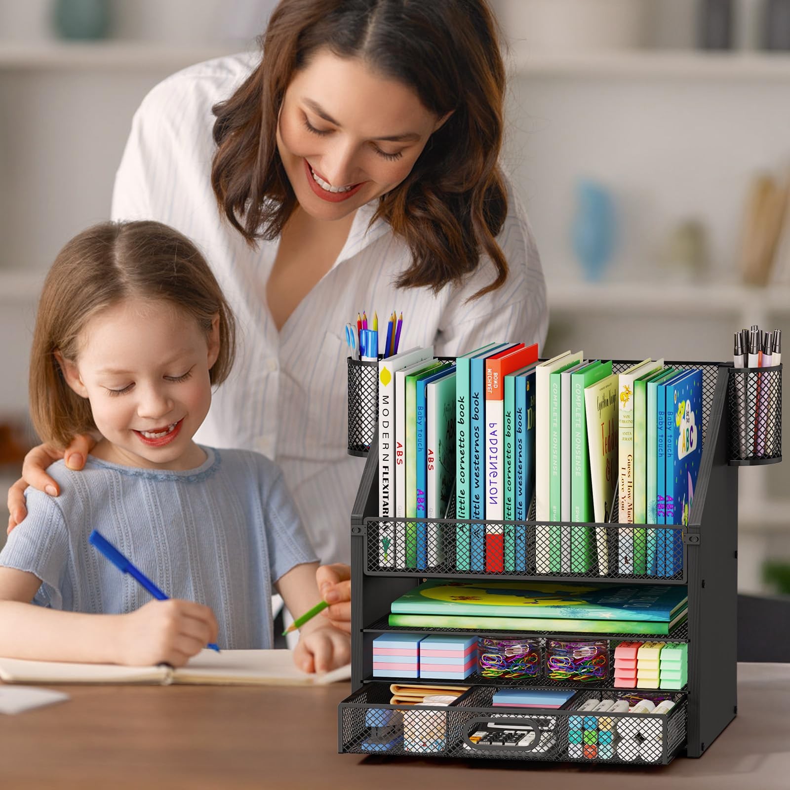 SWTYMIKI Desk Organizer with Drawers – Mesh and 13.3″ x 10.2″ x 15.8″, Black