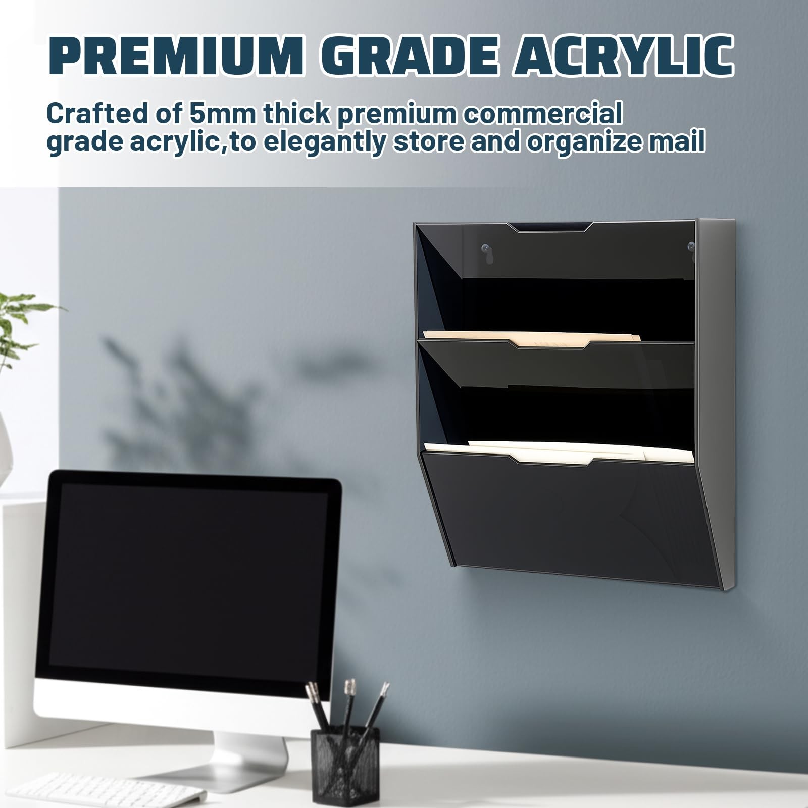 Black Acrylic 3 Tier Mail Sorter Letter Wall Mounted Hanging File Organizer