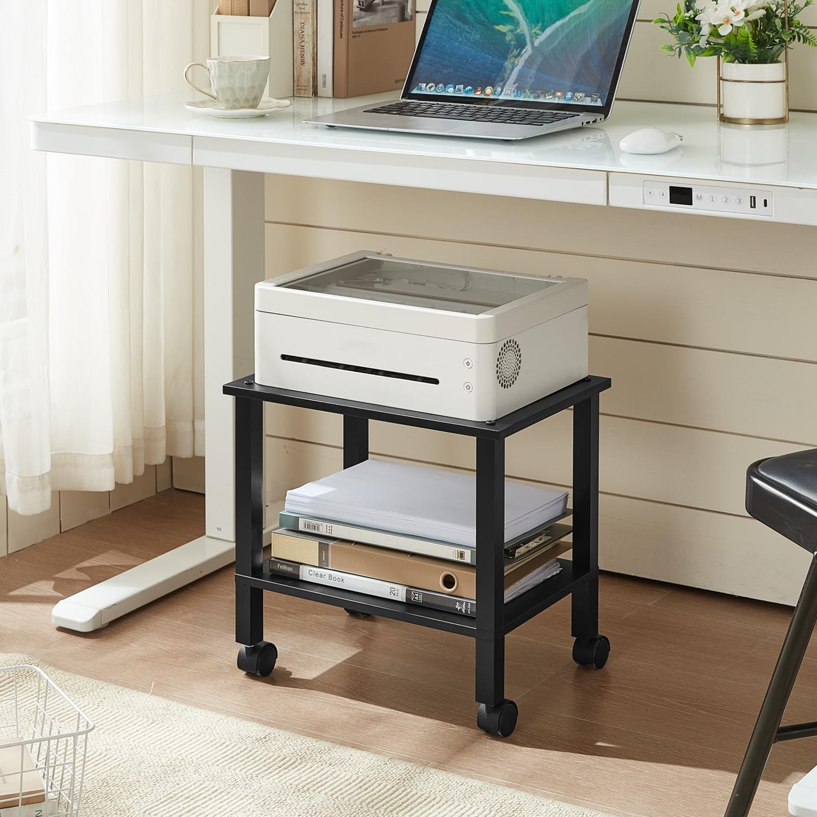 YUFAM 2 Tier Printer Stand with Storage,Under Desk Shelf 2-Tier, Black