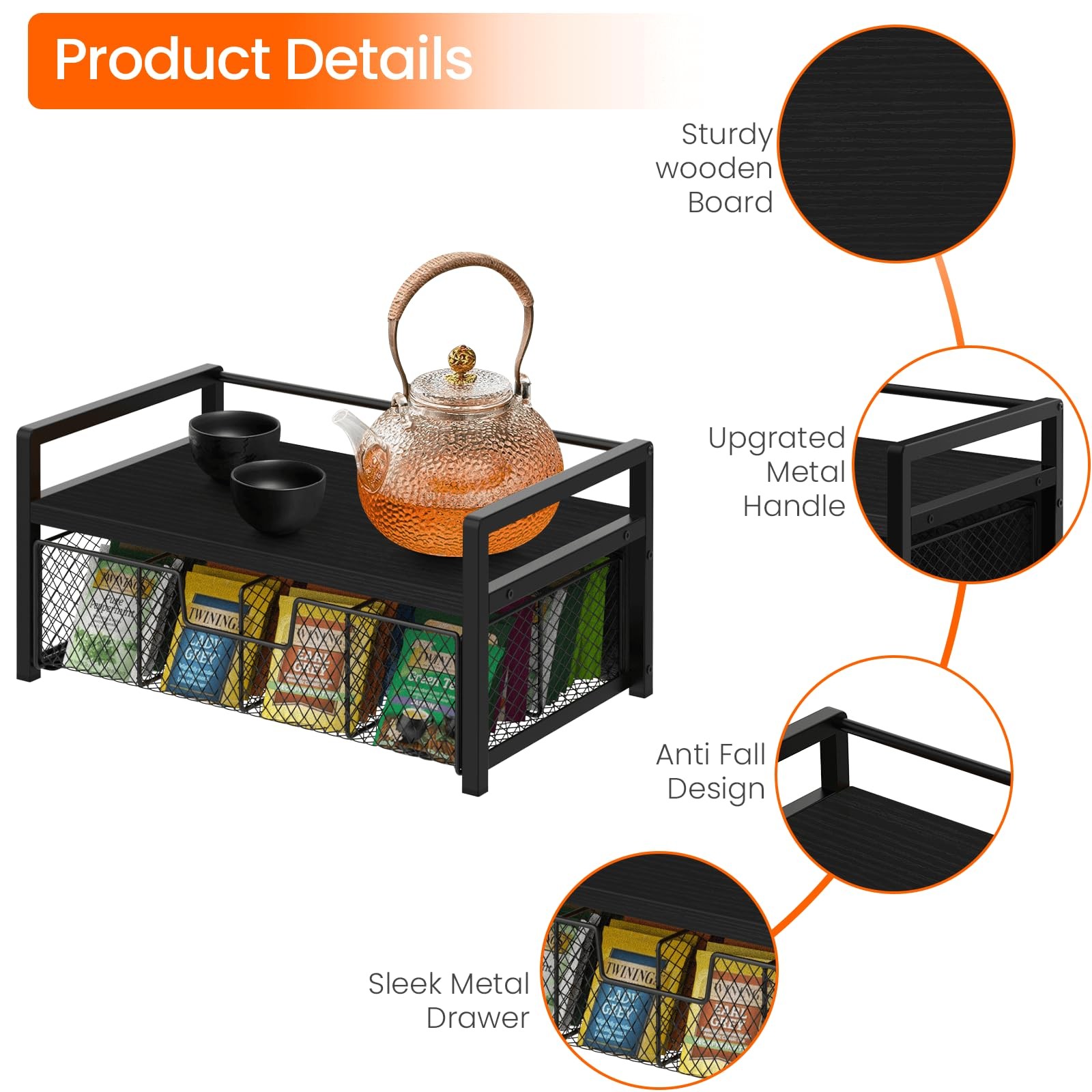 Homode Wood Tea Bag Organizer, Teabag Holder with Drawer, Black